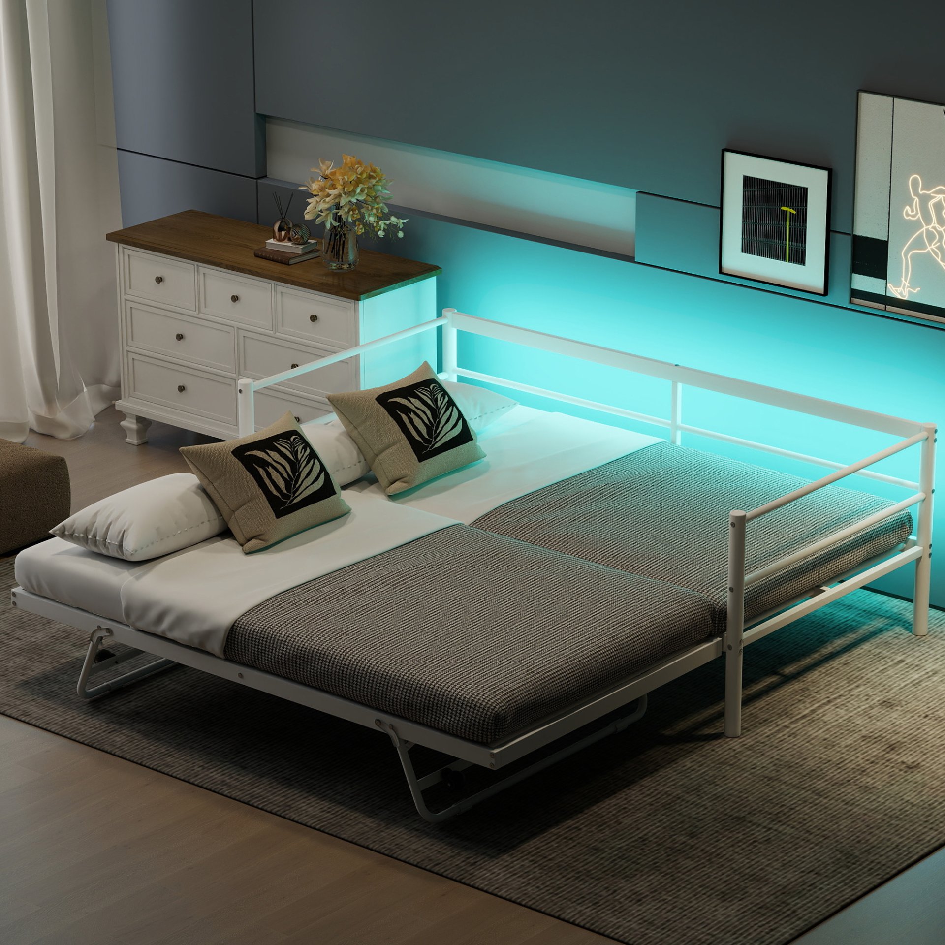 Industrial Twin Daybed With LED Light And Pop Up Trundle, Adjustable Support Frame - White - Image 2