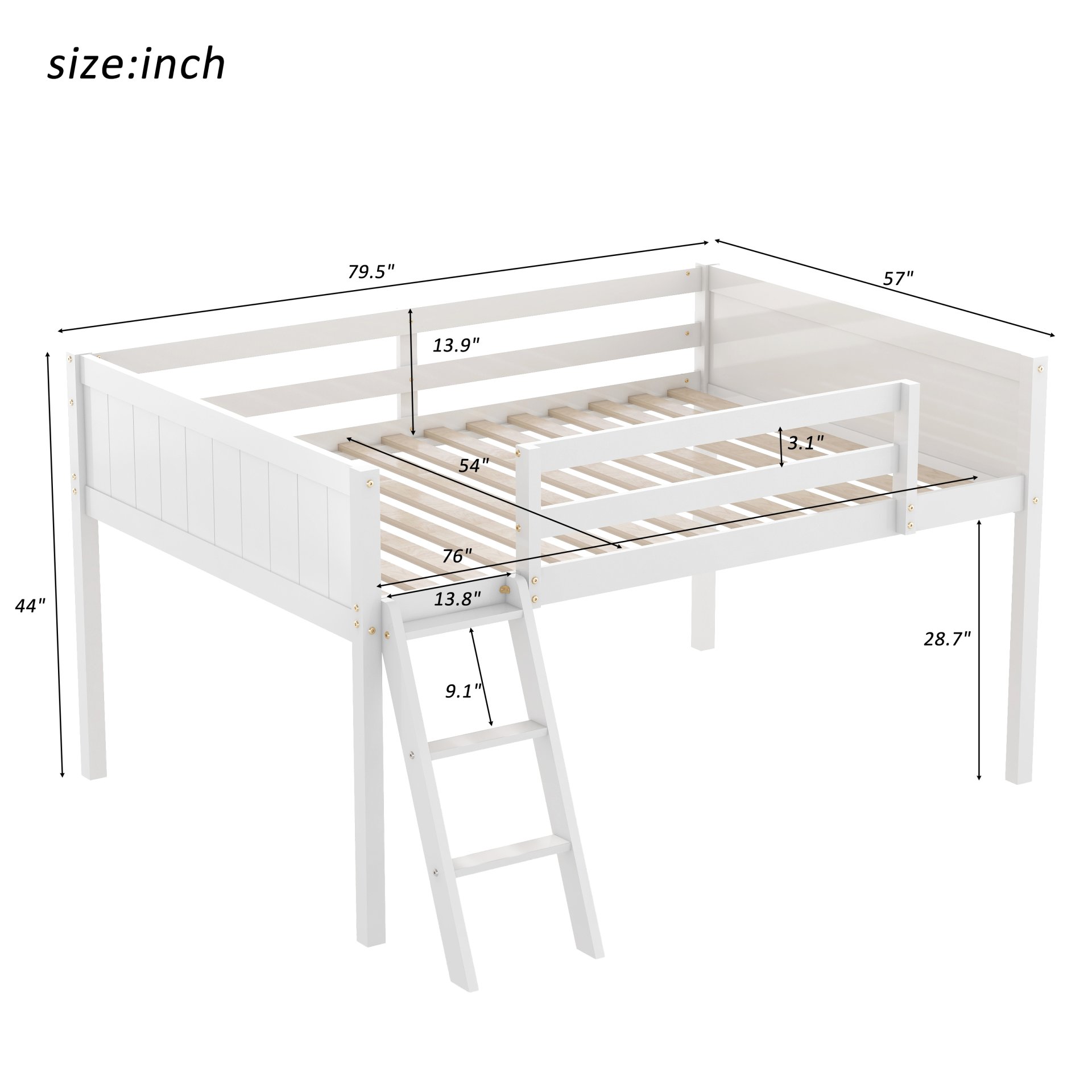 Full Size Low Loft Bed With Adjustable Ladder - White - Image 3