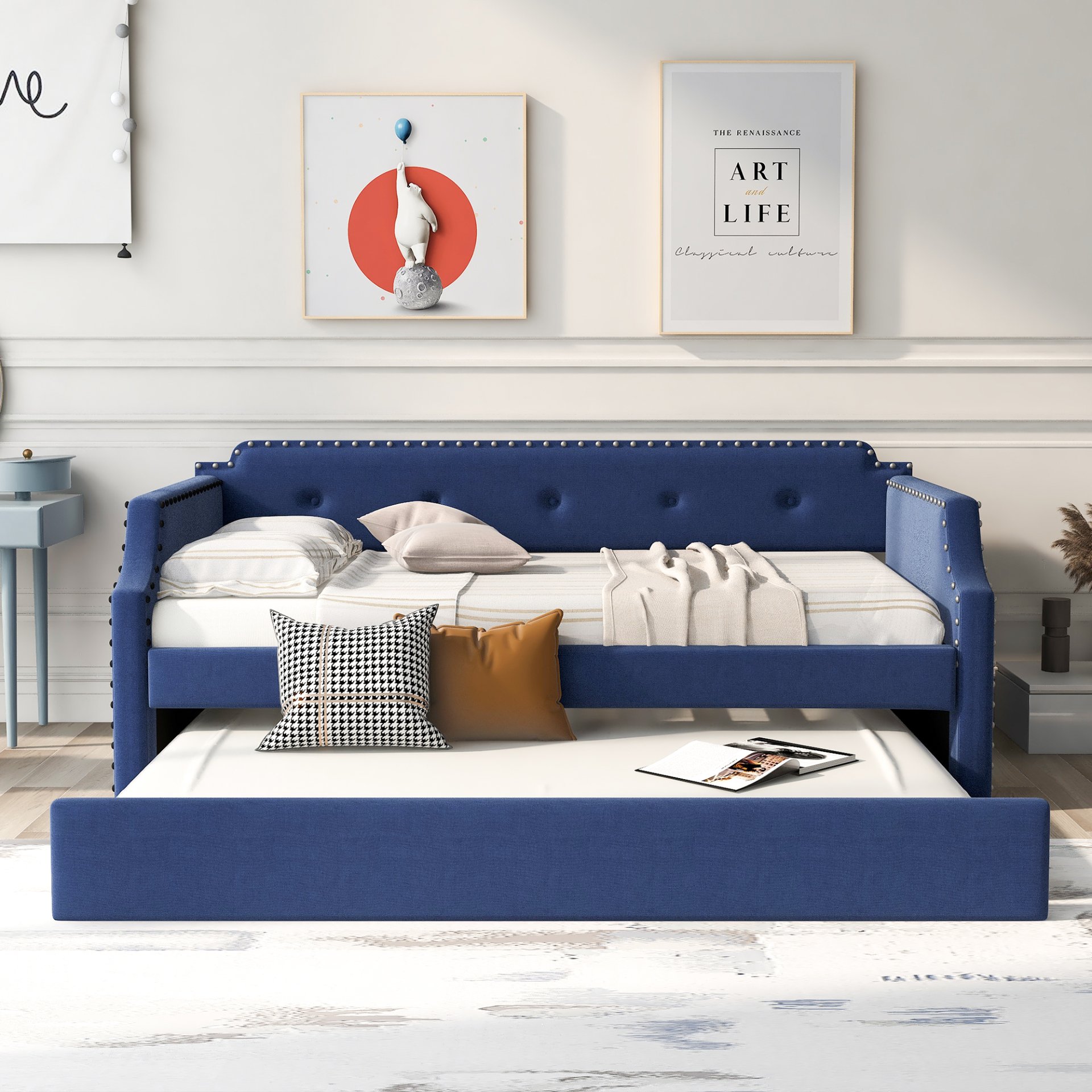Upholstered Daybed With Trundle, Twin, Slat Support - Blue - Image 4