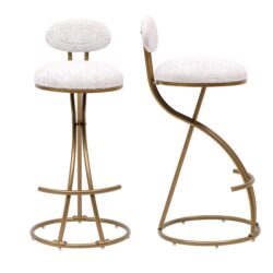 Modern S Shaped Bar Stools (Set of 2) With Backrest Floral Print Upholstered Dining Chairs Counter Height For Kitchen Island - Gold & White Print