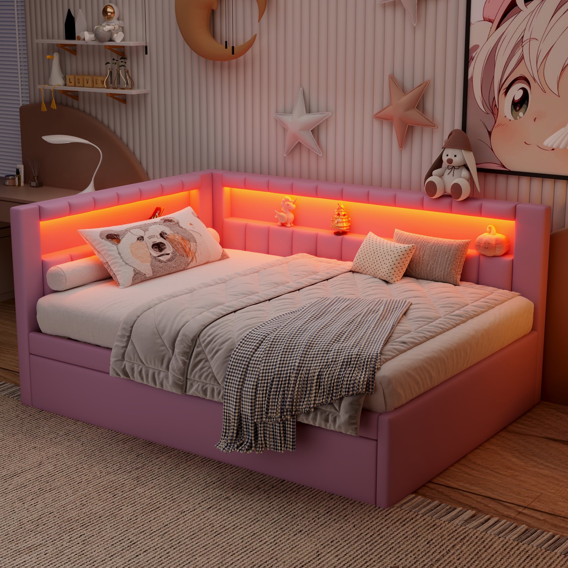 Full Size Upholstered Platform Bed With USB Ports, LED Belt And Trundle - Pink - Image 2