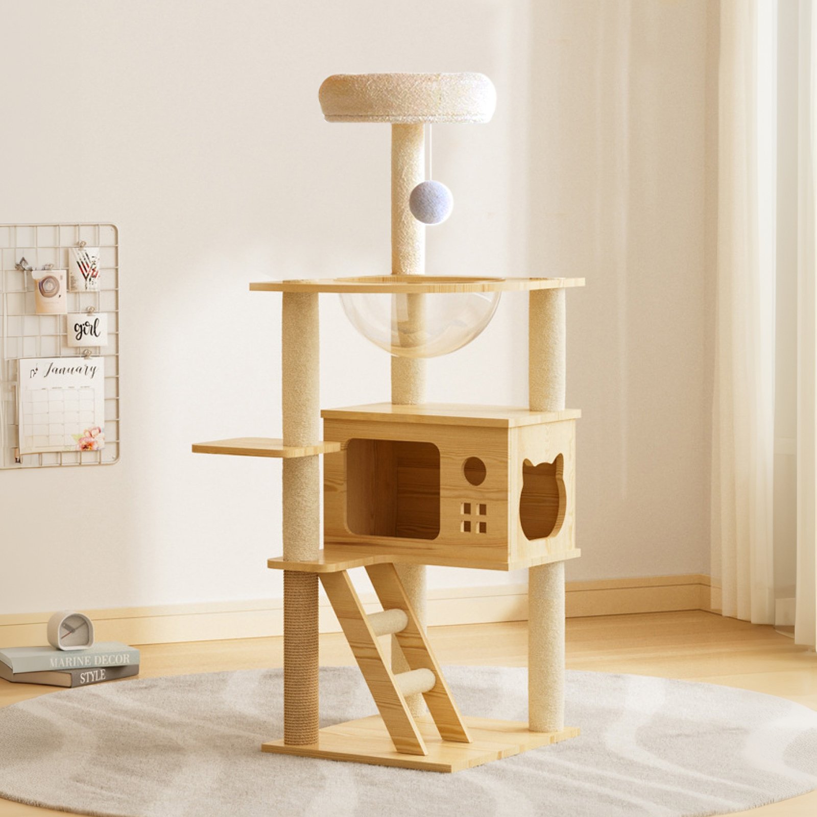 Modern Cat Tower, Wood Cat Tree Tower For Indoor Cats, Cat Tree With Sisal Covered Scratching Posts And Top Perch - Natural / White - Image 4