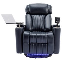 Power Swivel Recliner Home Theater Seating With Hidden Arm Storage, LED Light Strip, Cup Holder, 360 Degree Swivel Tray Table, Cell Phone Holder - Blue