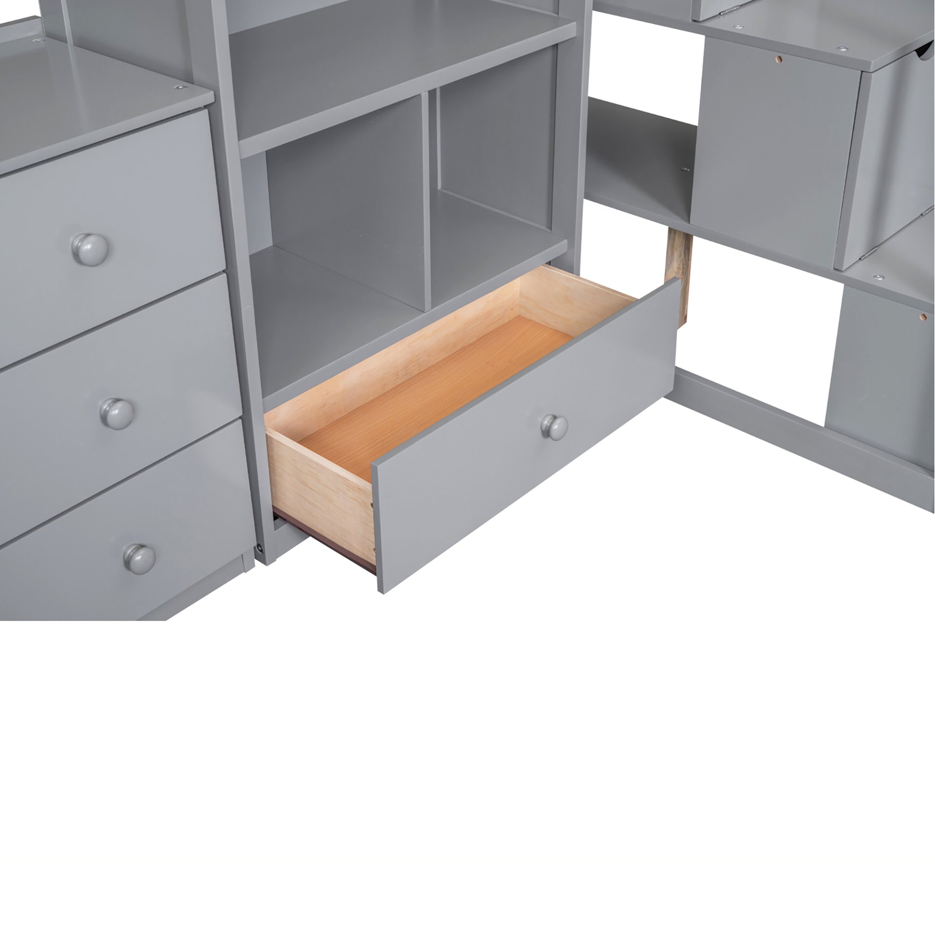 Twin Size Loft Bed With L-Shaped Desk, Drawers, Cabinet And Storage Staircase - Gray - Image 15