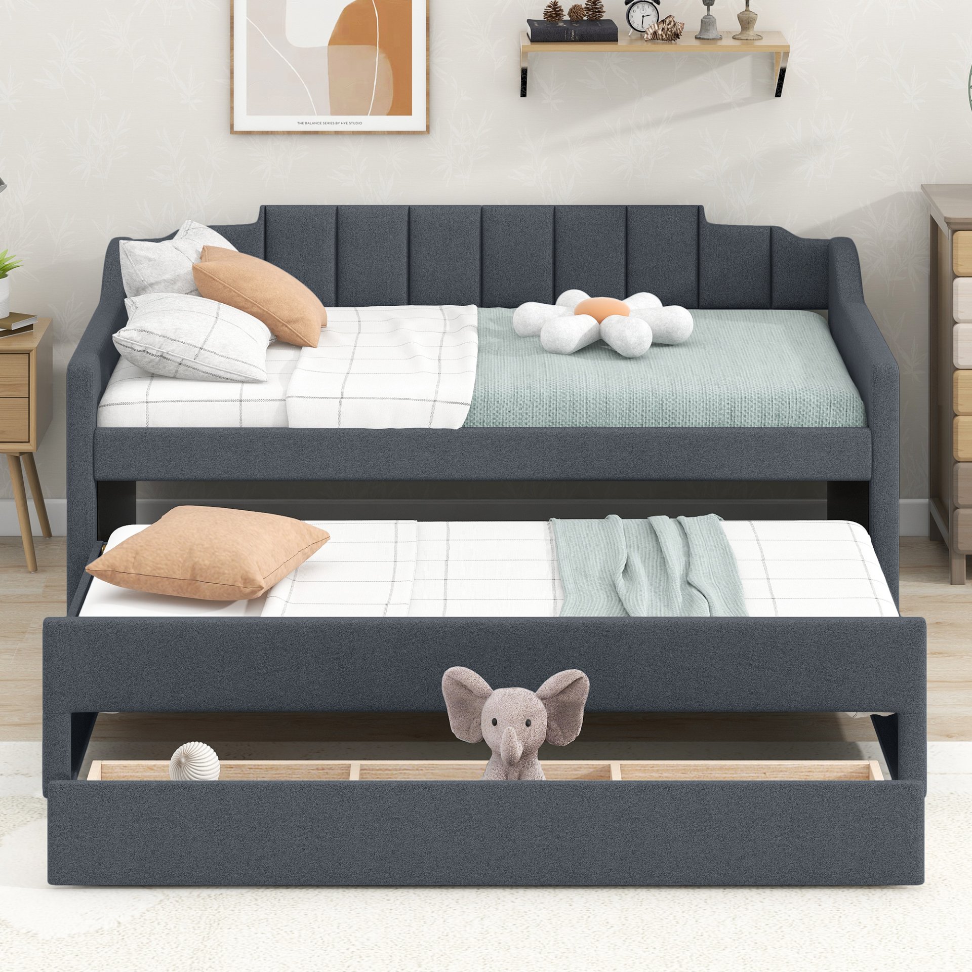 Twin Size Upholstered Daybed With Trundle And 3 Drawers - Gray - Image 5