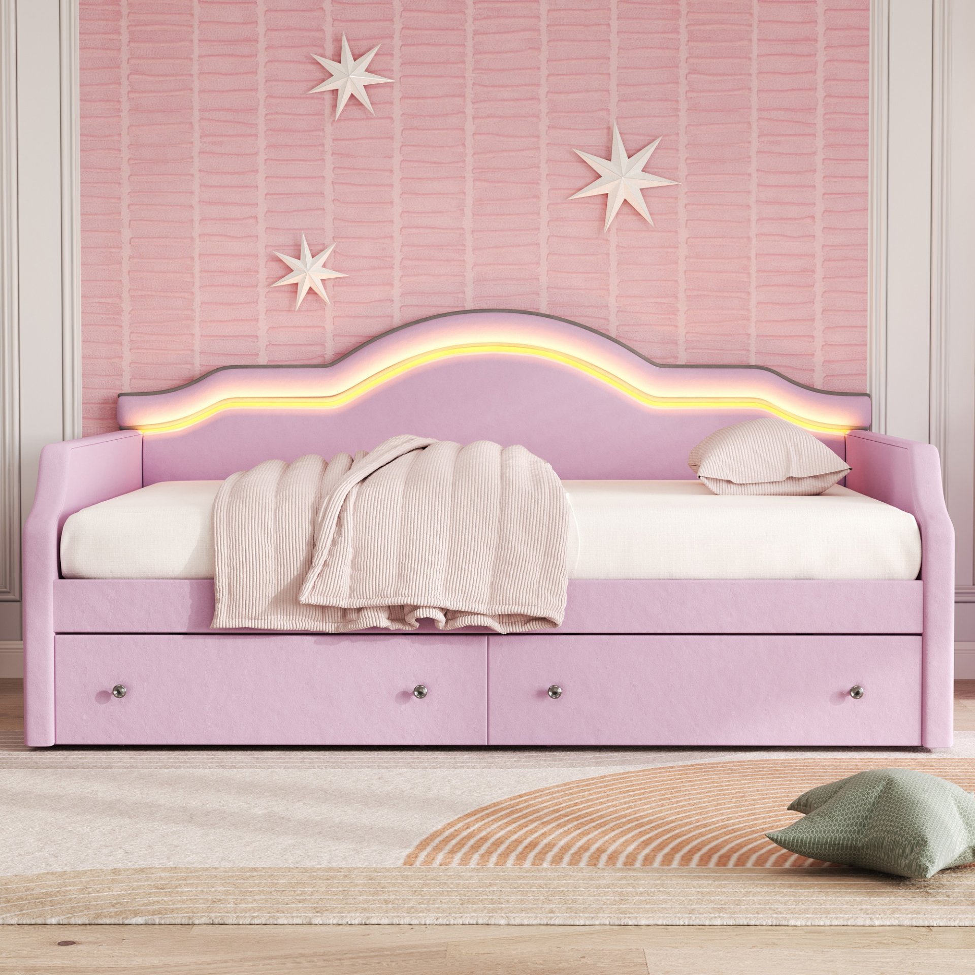Full Size Upholstered Daybed With LED Lights And 2 Drawers - Pink - Image 5
