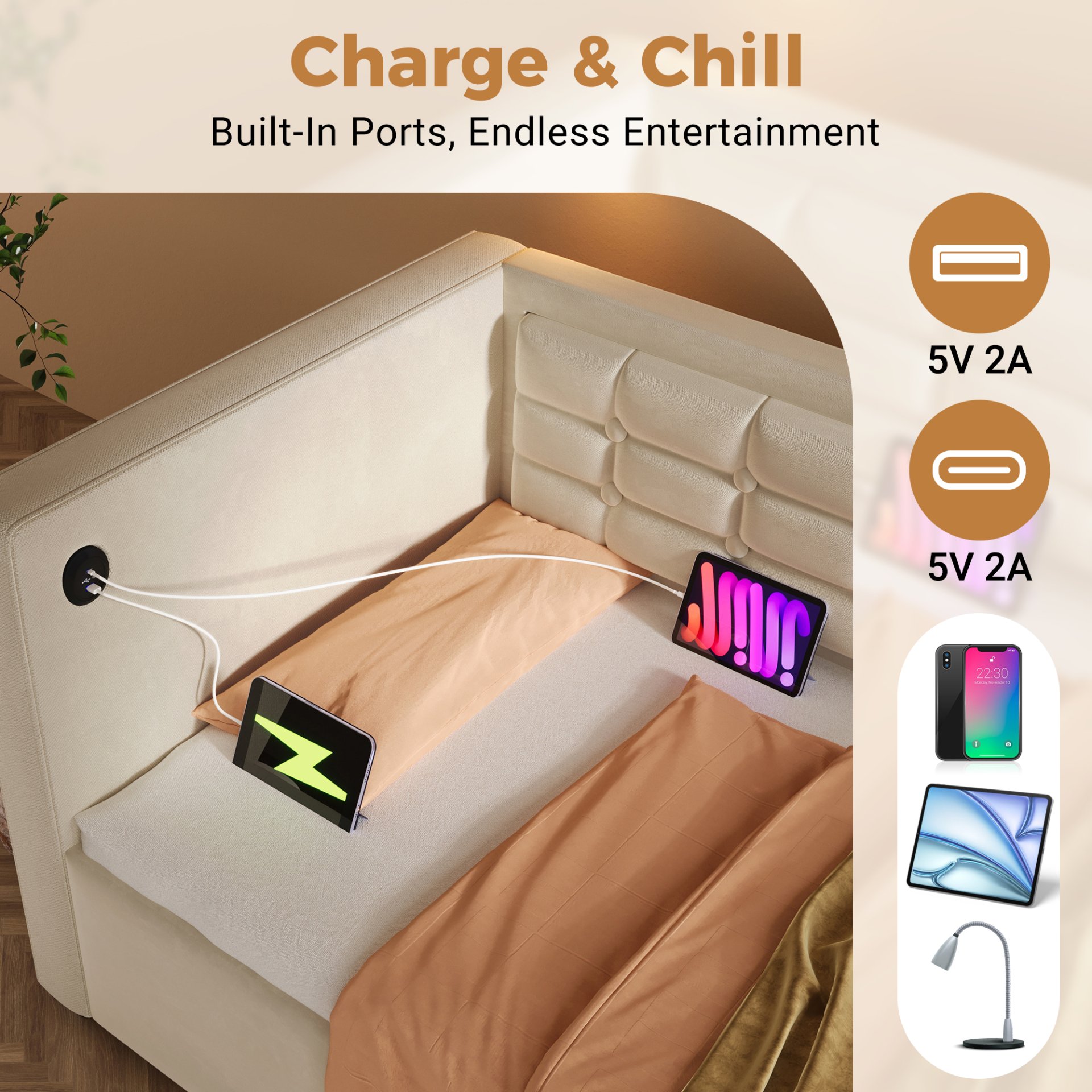 Twin Size Upholstered Hydraulic Storage Daybed With USB & Type C Charging - Beige - Image 4