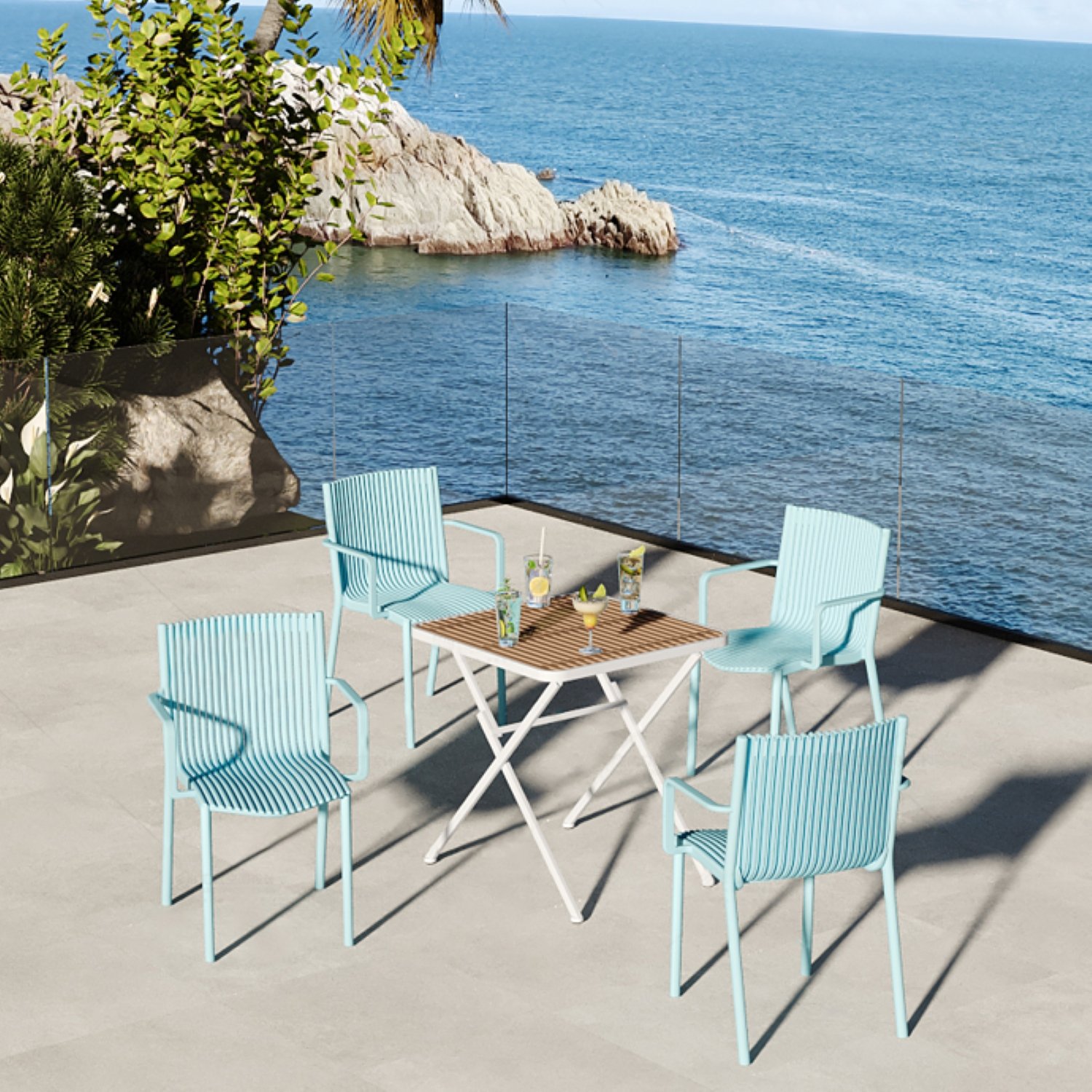 4 Piece Stackable Single Chairs With Vertical Stripe Design For All Weather - Light Blue - Image 7