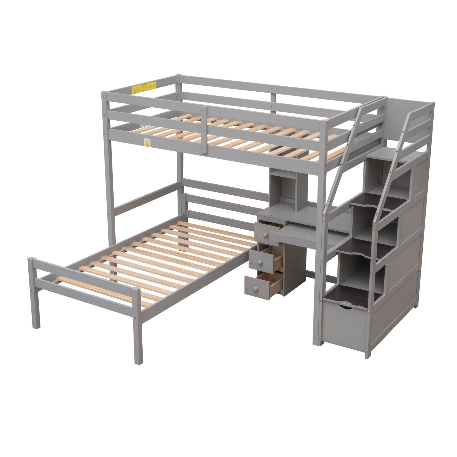 Twin Size Loft Bed With Stand Alone Bunk, Storage Staircase, Desk, Shelves, And Drawers - Gray - Image 12