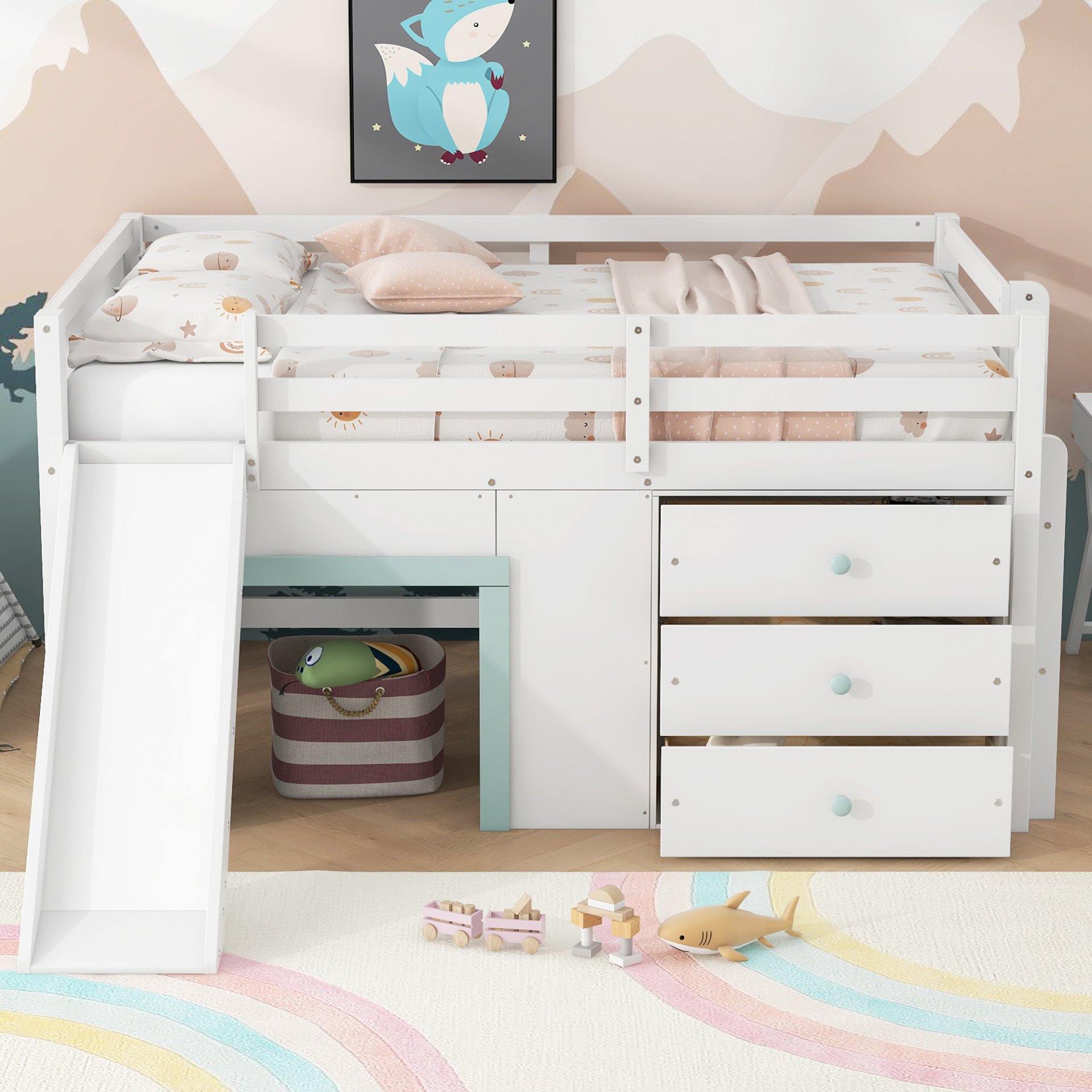Full Size Low Loft Bed With Slide, Three Storage Drawers, And 2 Doors - White - Image 2