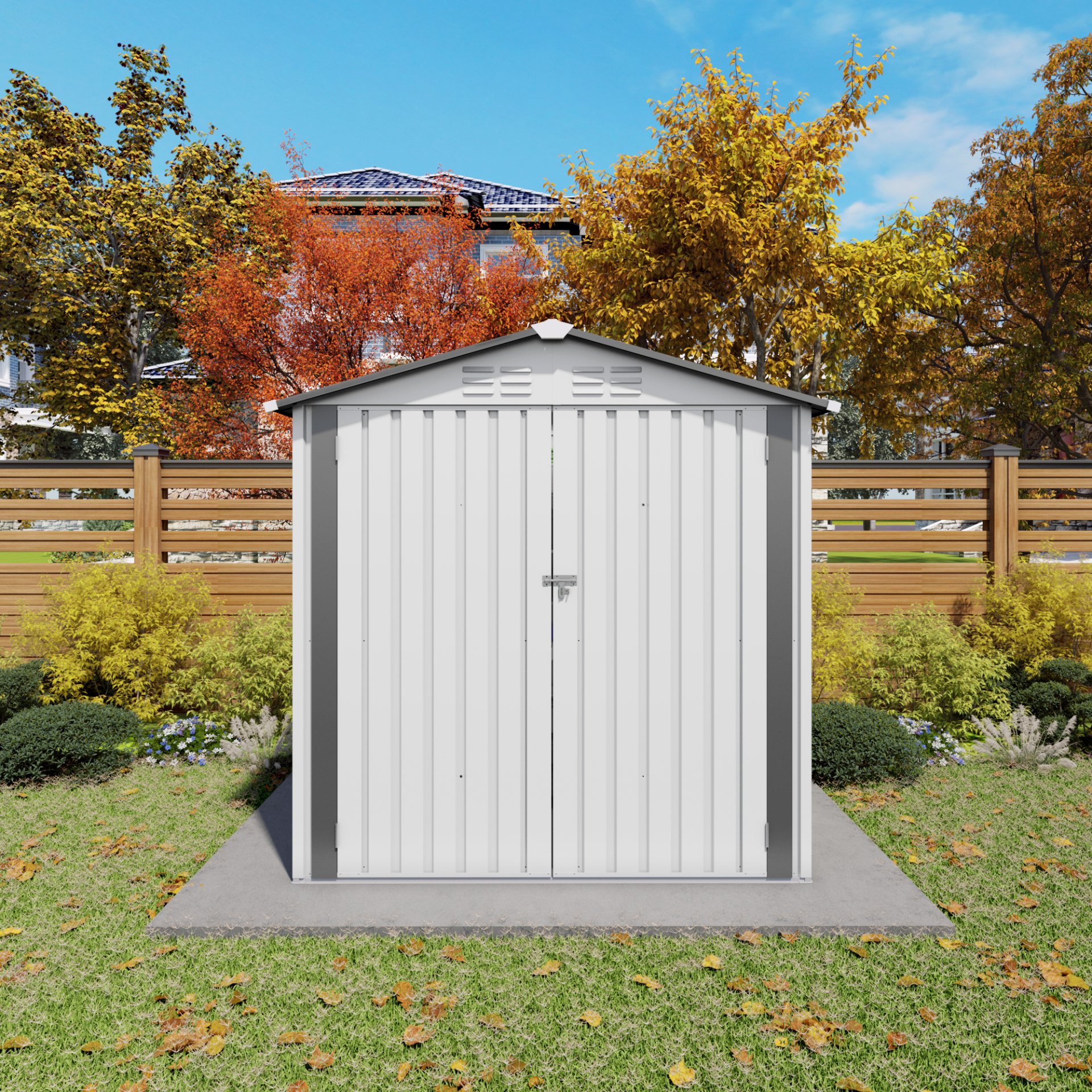 Garden Tool Shed, Storage Shed With Peaked Roof Waterproof Lockable Door - White / Gray - Image 5