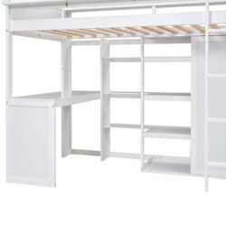 Twin Size Loft Bed With Built In Desk, Storage Shelves, And Wardrobe - White