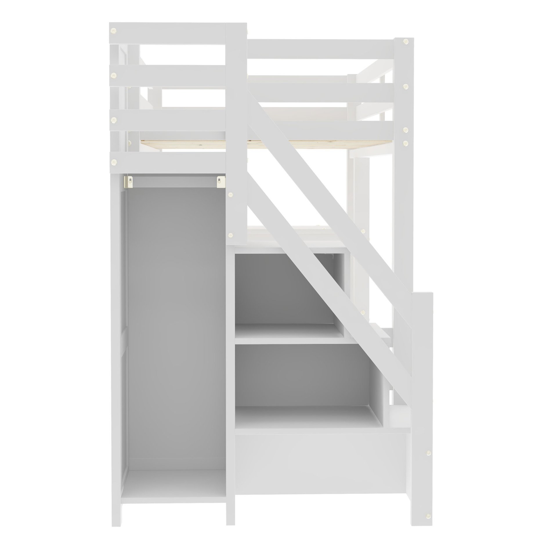 Twin Size Loft Bed With 4 Layer Shelves, Storage Staircase, Small Wardrobe And LED Light - White - Image 12