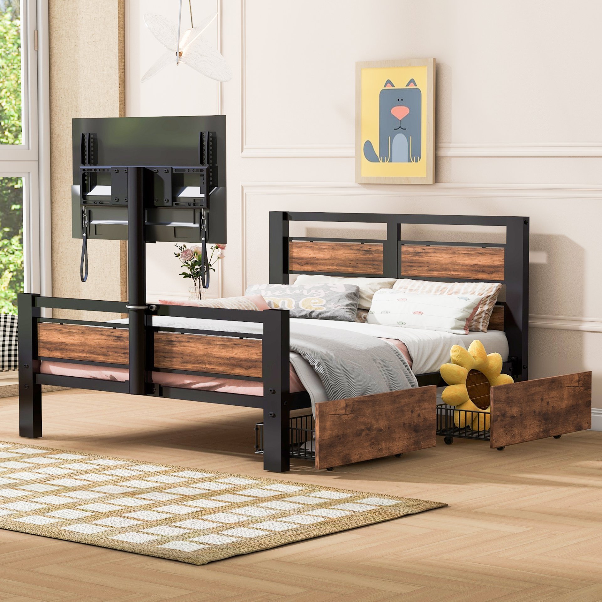 Twin Size Platform Bed With Headboard And Footboard, 2 Storage Drawers And Rotatable TV Stand - Black - Image 7