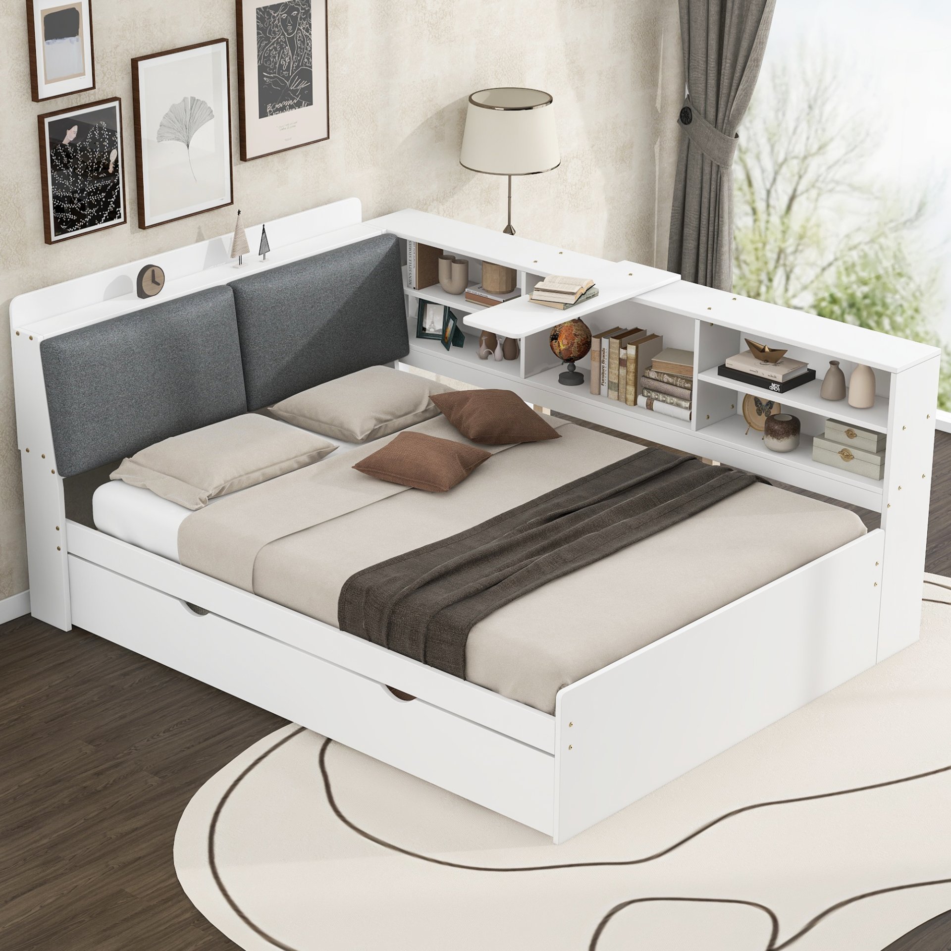 Full Size Platform Bed With Trundle, Shelves, And Storage Headboard - White - Image 6