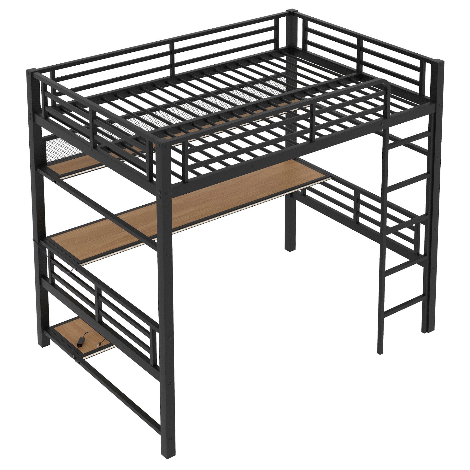 Full Size Loft Bed Frame With Storage Shelf And LED Light - Black - Image 7