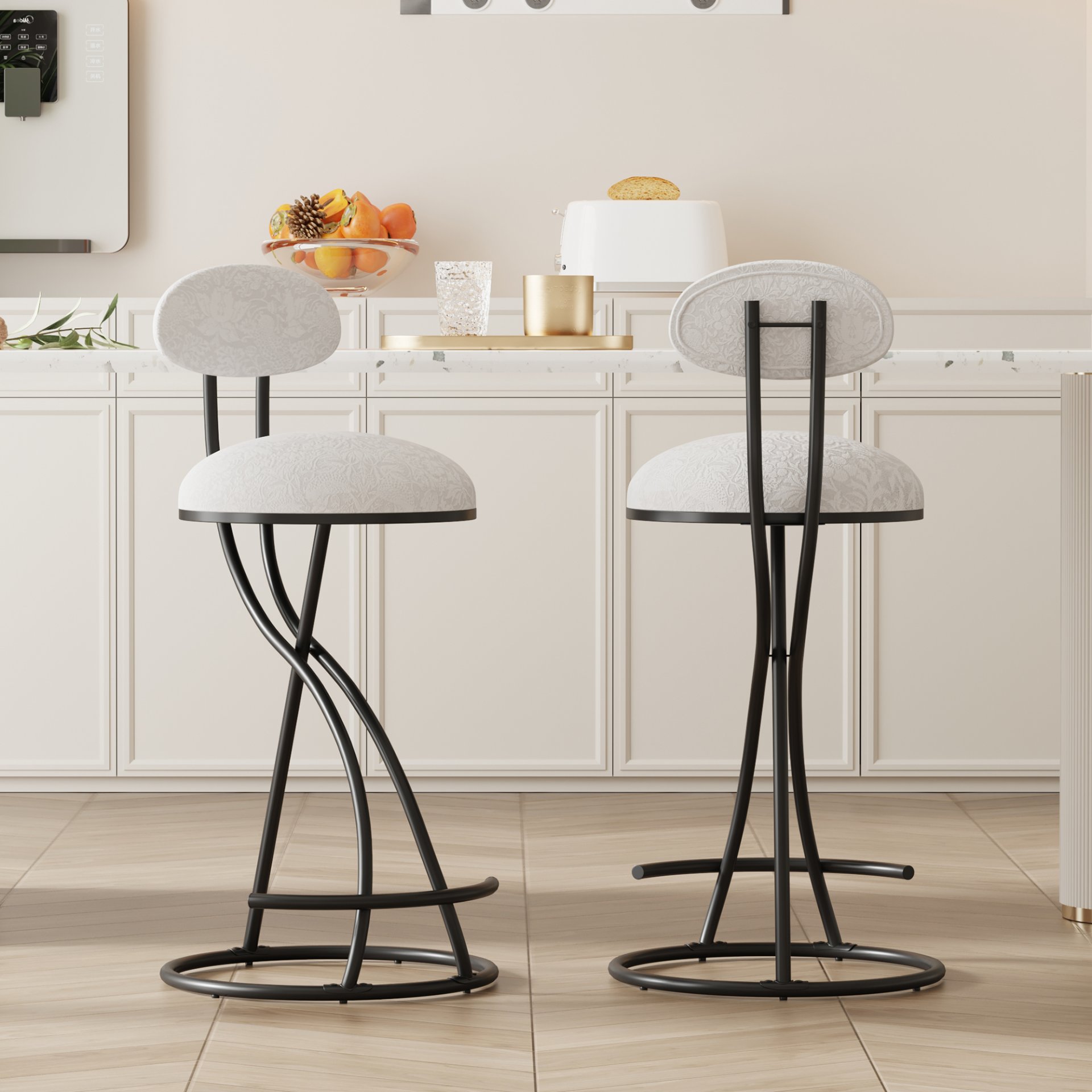 Round Print Bar Stools (Set of 2) Metal Upholstered Chairs For Kitchen Island & Dining Rooms - Black & White Print - Image 4