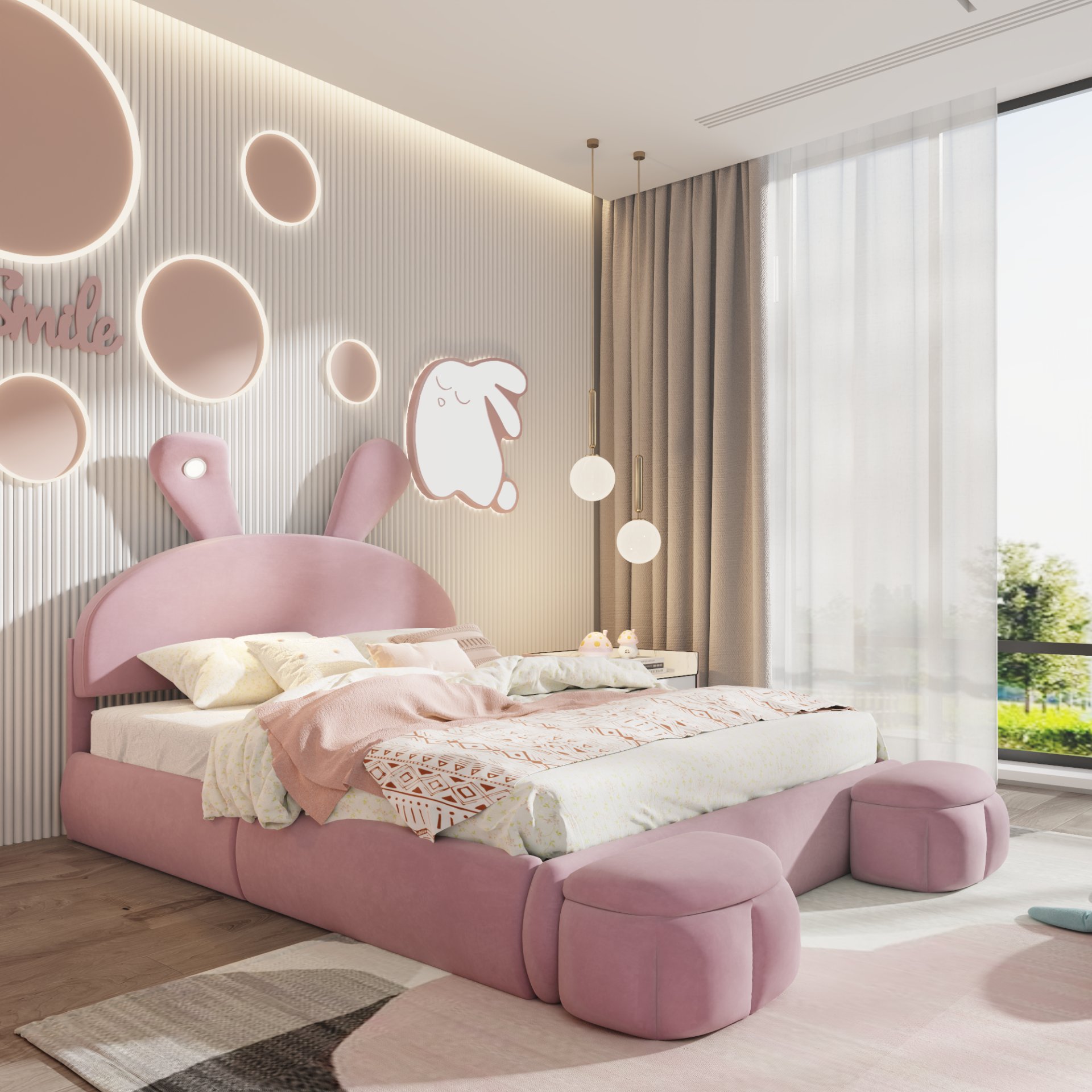 Full Size Upholstered Platform Bed With Cartoon Ears Headboard And Built In LED Light - Pink - Image 7