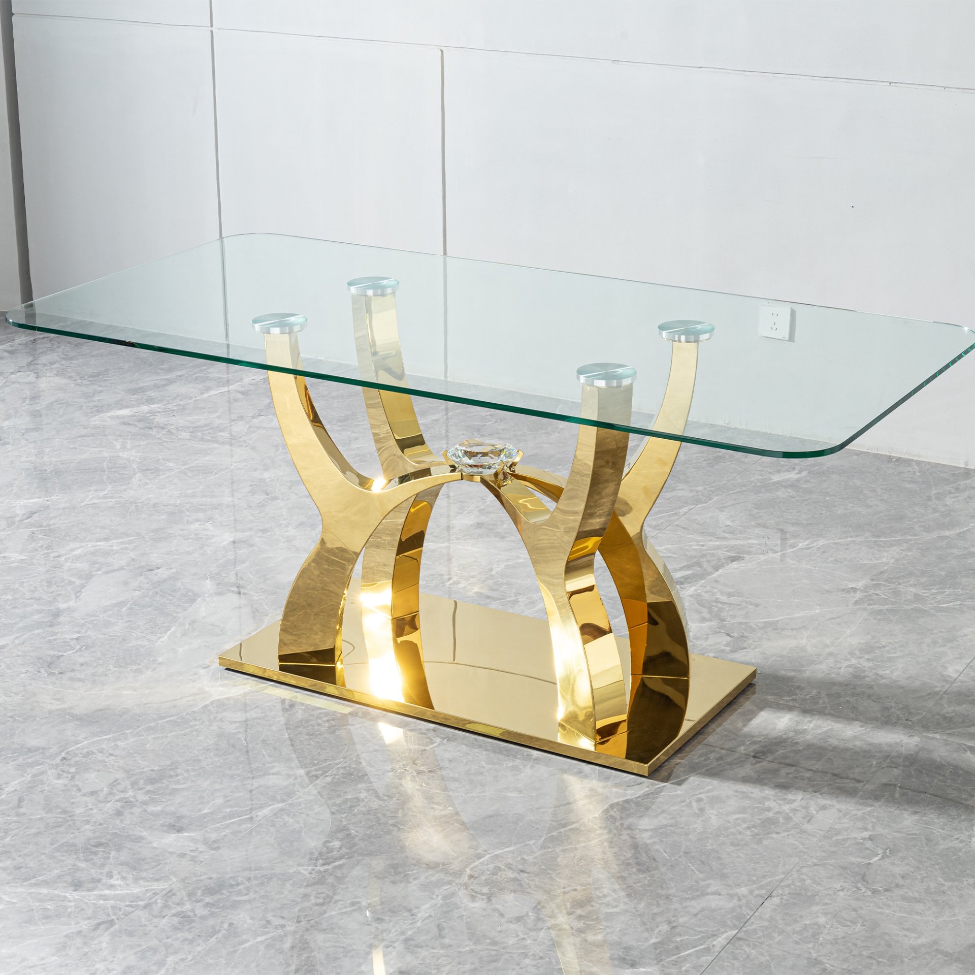 Tempered Clear Glass Rectangular Dining Table With Stainless Steel Base - Gold - Image 2