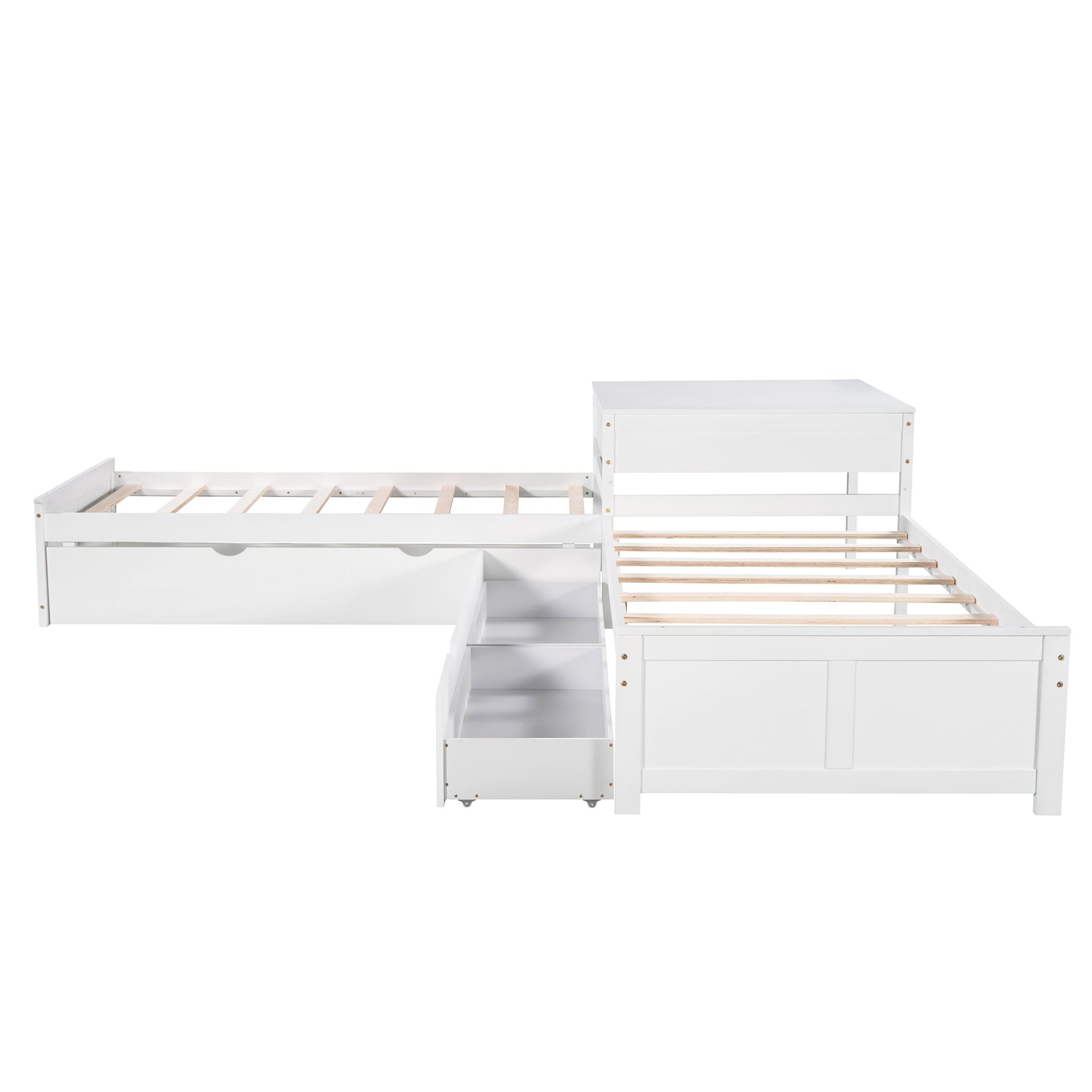 L-Shaped Platform Bed With Trundle And Drawers Linked With Built In Desk, Twin - White - Image 9