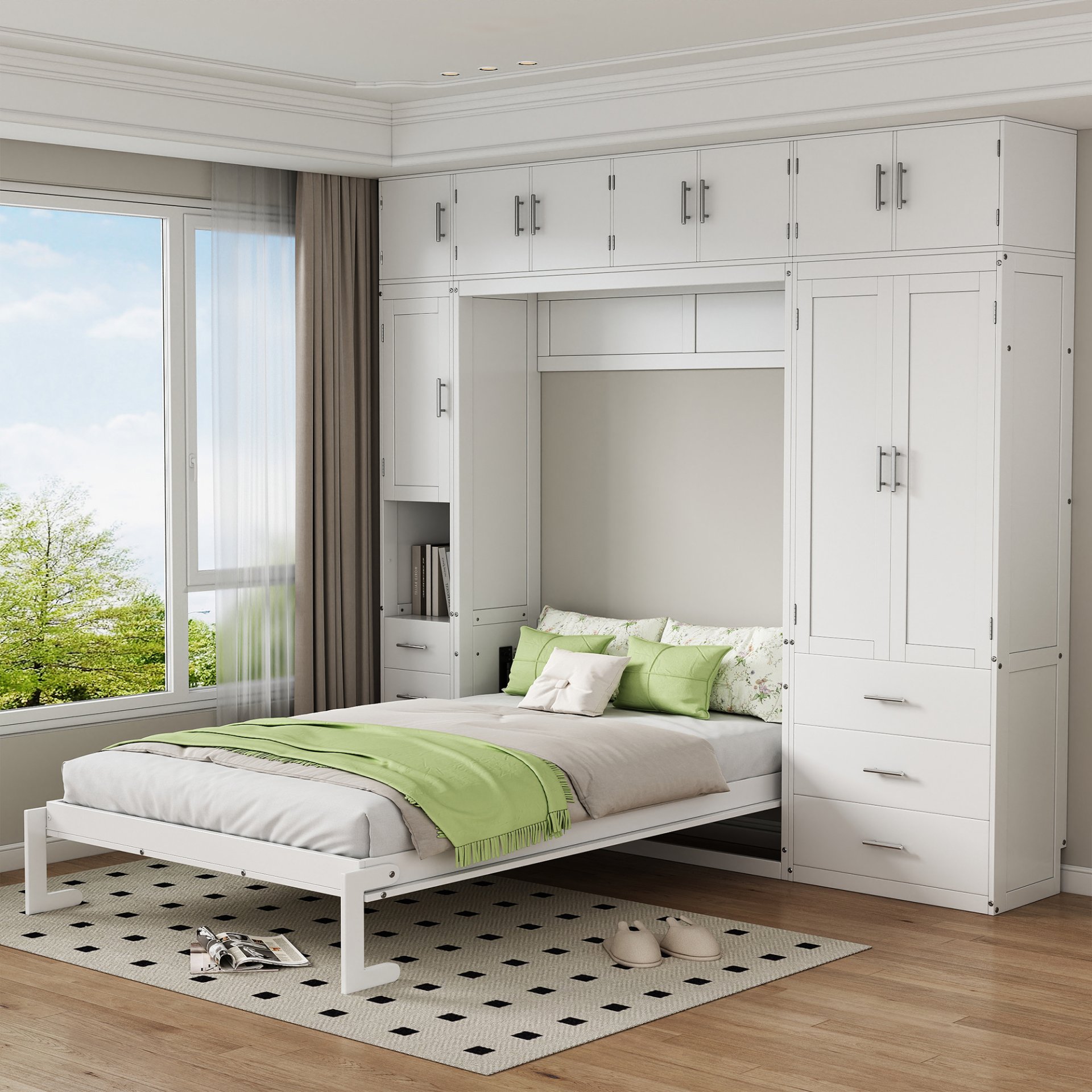 Full Size Murphy Bed With Lockers And Wardrobes - White - Image 2