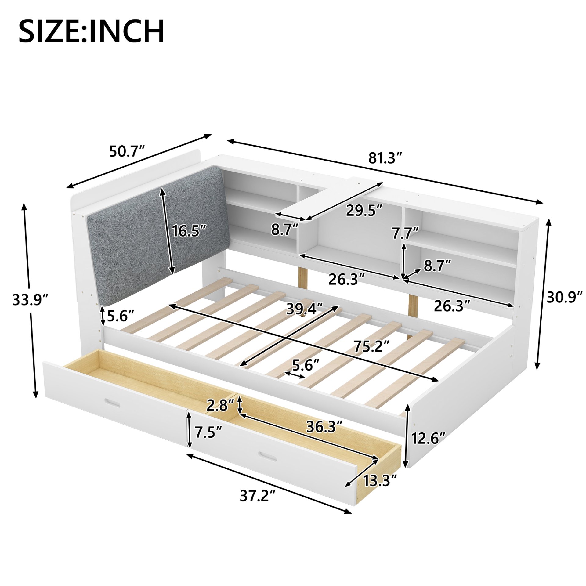 Twin Size Platform Bed With Storage Headboard, Shelves And 2 Drawers - White - Image 3