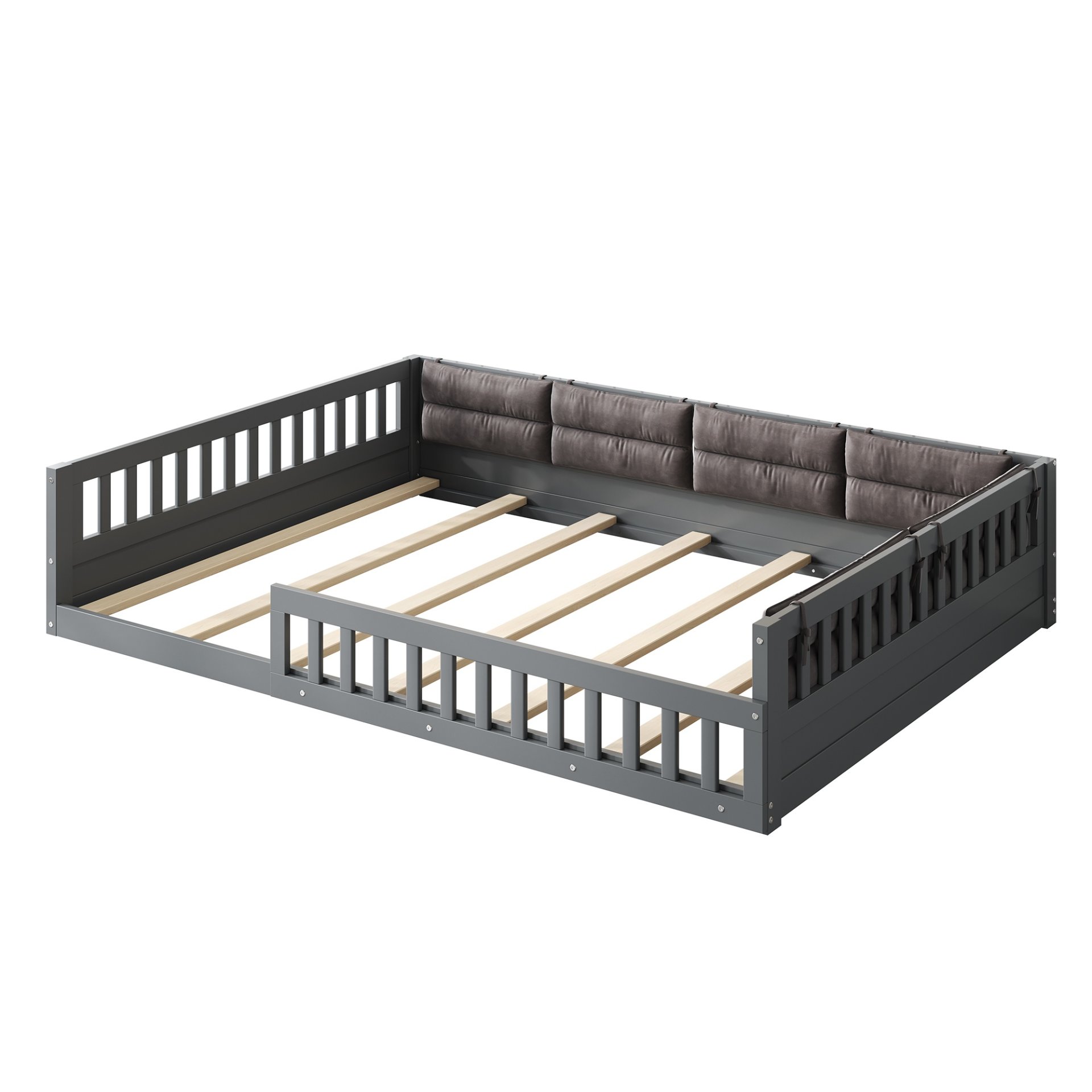 Upholstered Platform Bed With Guardrail And Pillow, Full Size - Gray - Image 6