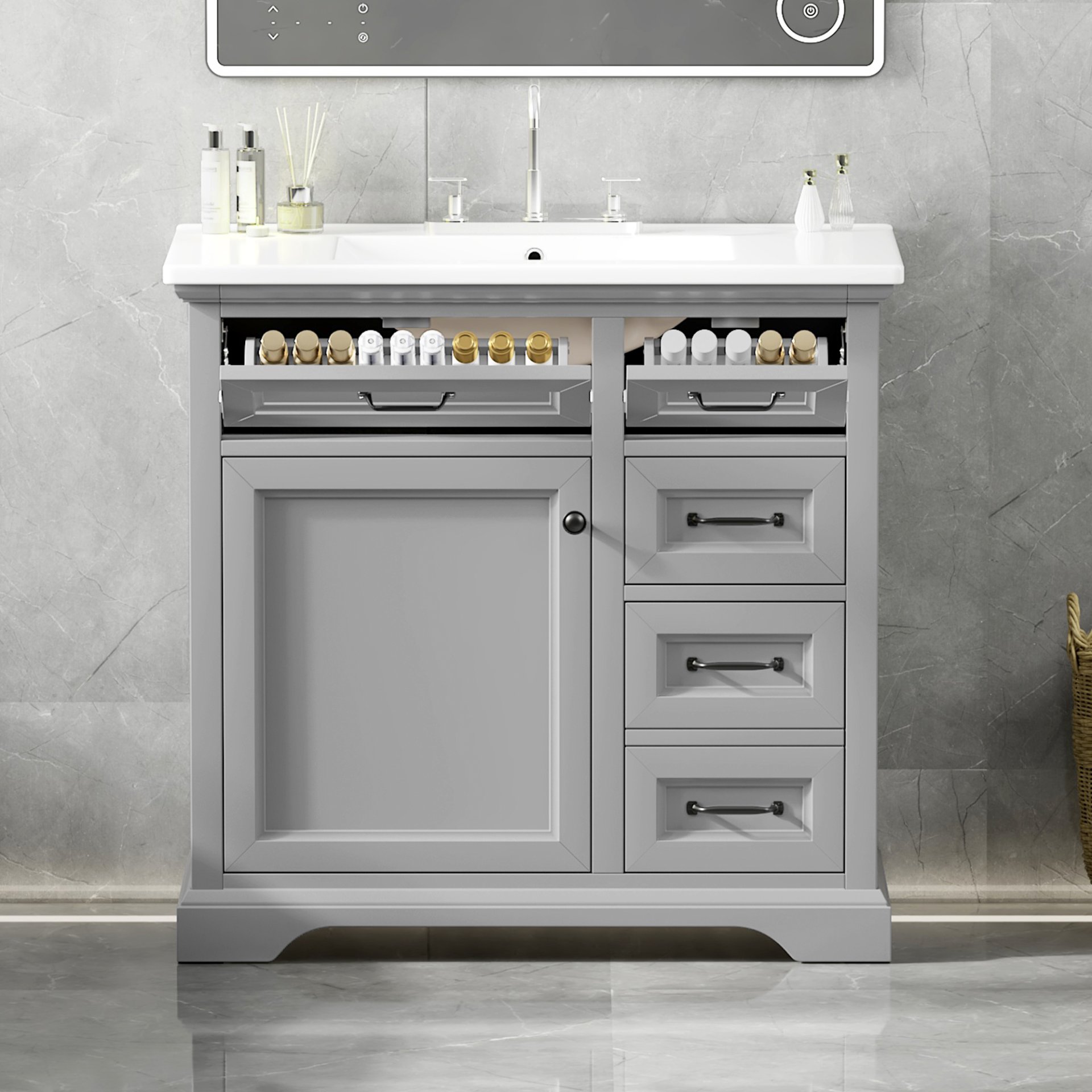 36" Bathroom Vanity With Sink, 2 Tip Out Drawers, Soft Close Hinges - Light Gray - Image 5