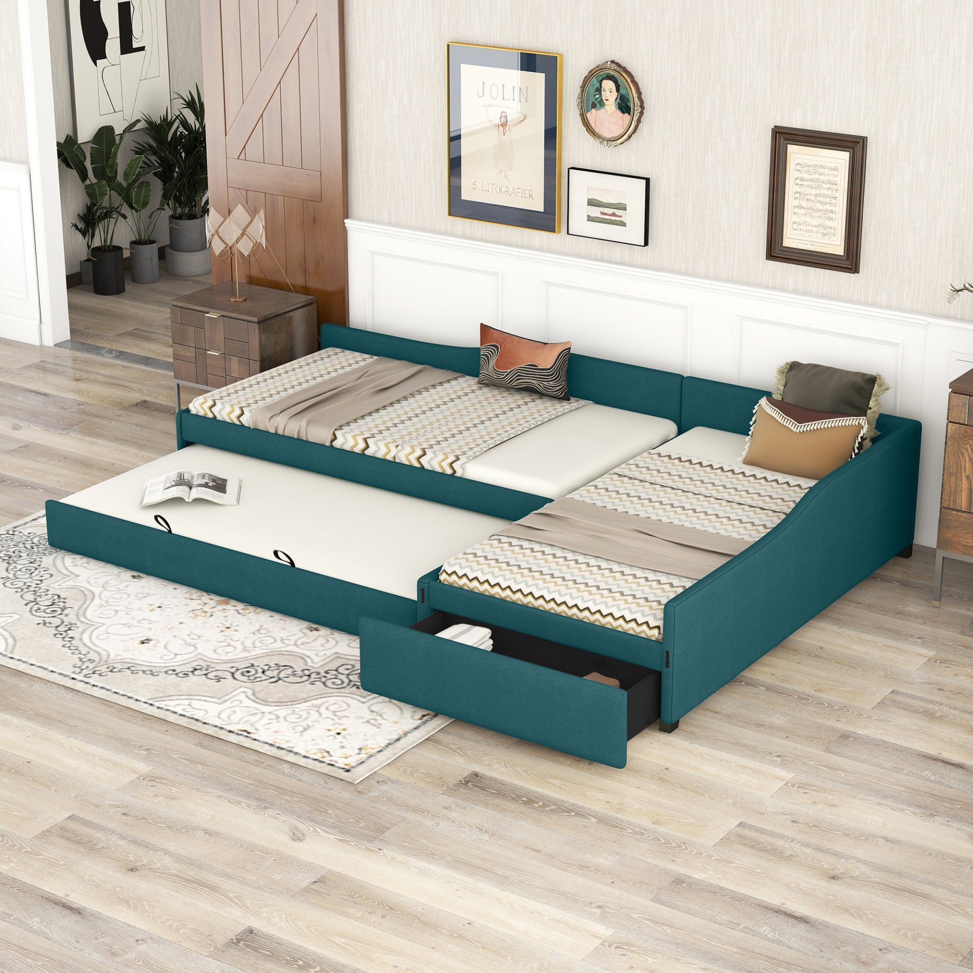 Upholstered Double Twin Daybed With Trundle And Drawer - Green - Image 4