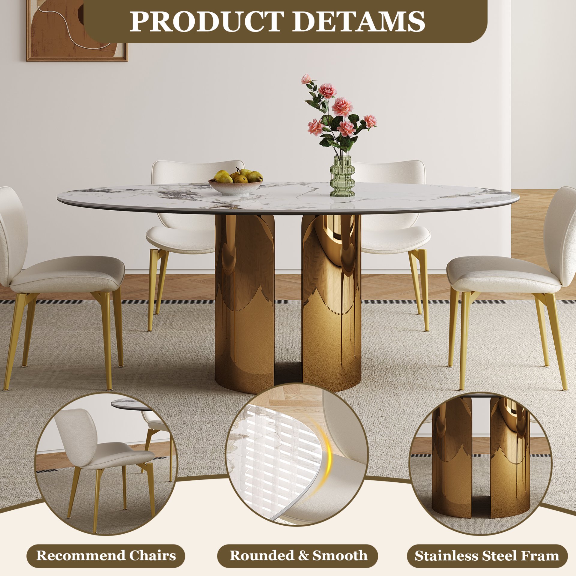 Oval Sintered Stone Dining Table With 6 Chairs - Brown / White - Image 7