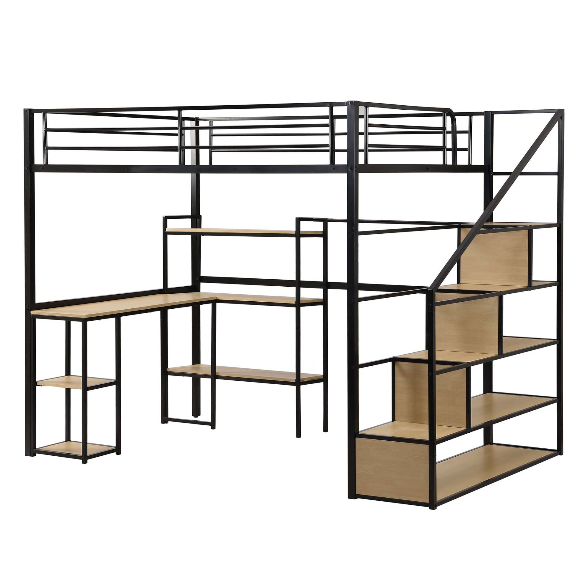 Full Size Loft Bed With Staircase, Built In Desk And Shelves And Sleeping Surface - Black - Image 10