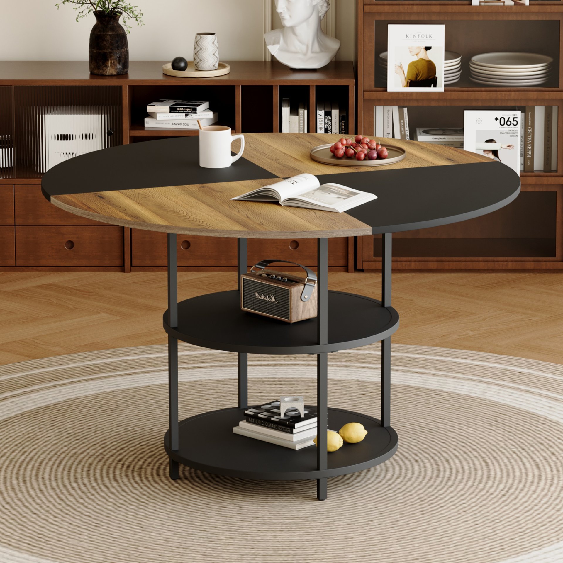 Diameter - Modern Splicing Circular Dining Table Double Layer Storage - Wood / Black - Image 4