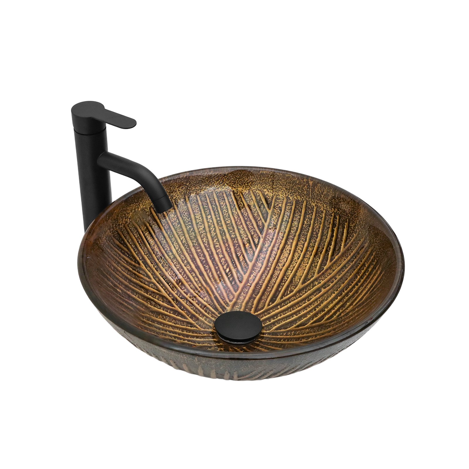 Feather Pattern Amber Vessel Sink With Pop Up Drain, Oval Bathroom Basin - Amber - Image 9