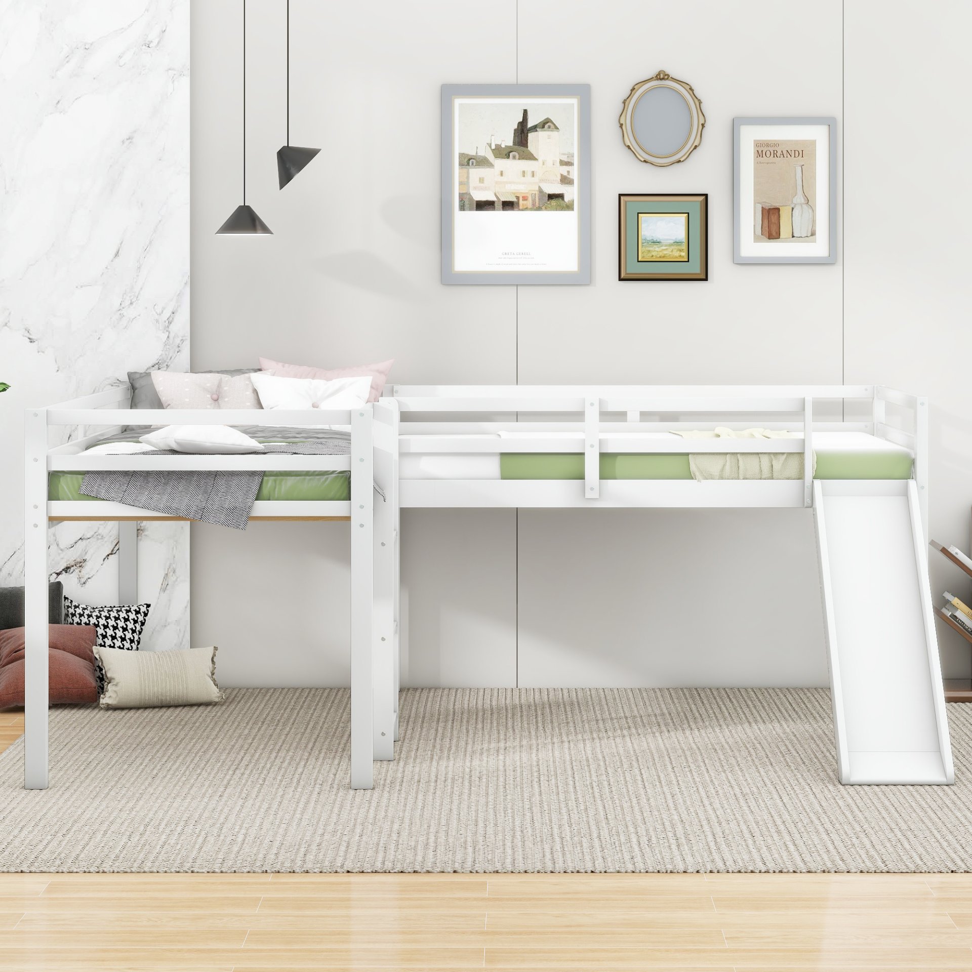 L-Shaped Twin Size Loft Bed With Ladder And Slide - White - Image 5