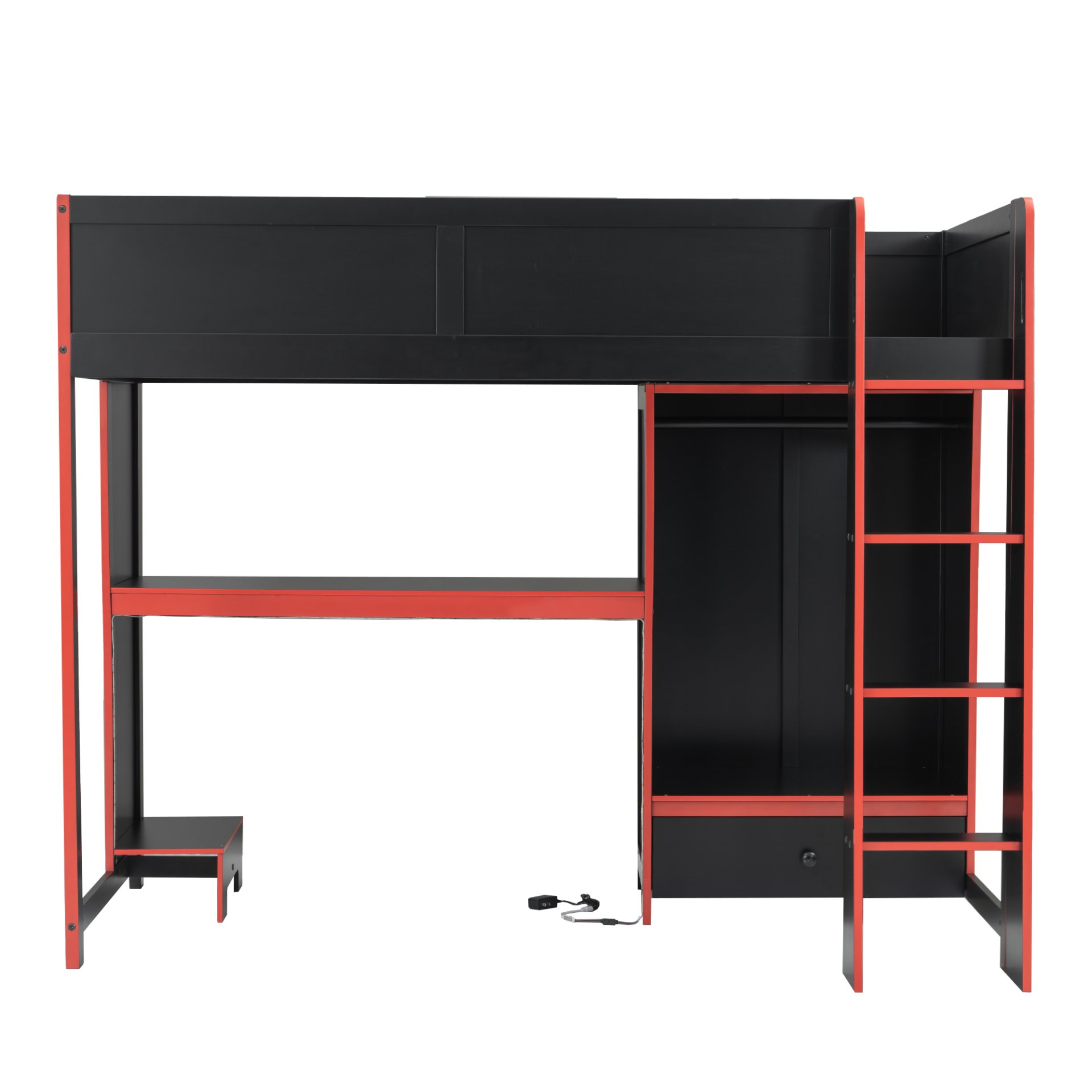 Twin Size Gaming Loft Bed With Built In Desk, Wardrobe, LED Lighting And Drawer - Black - Image 12