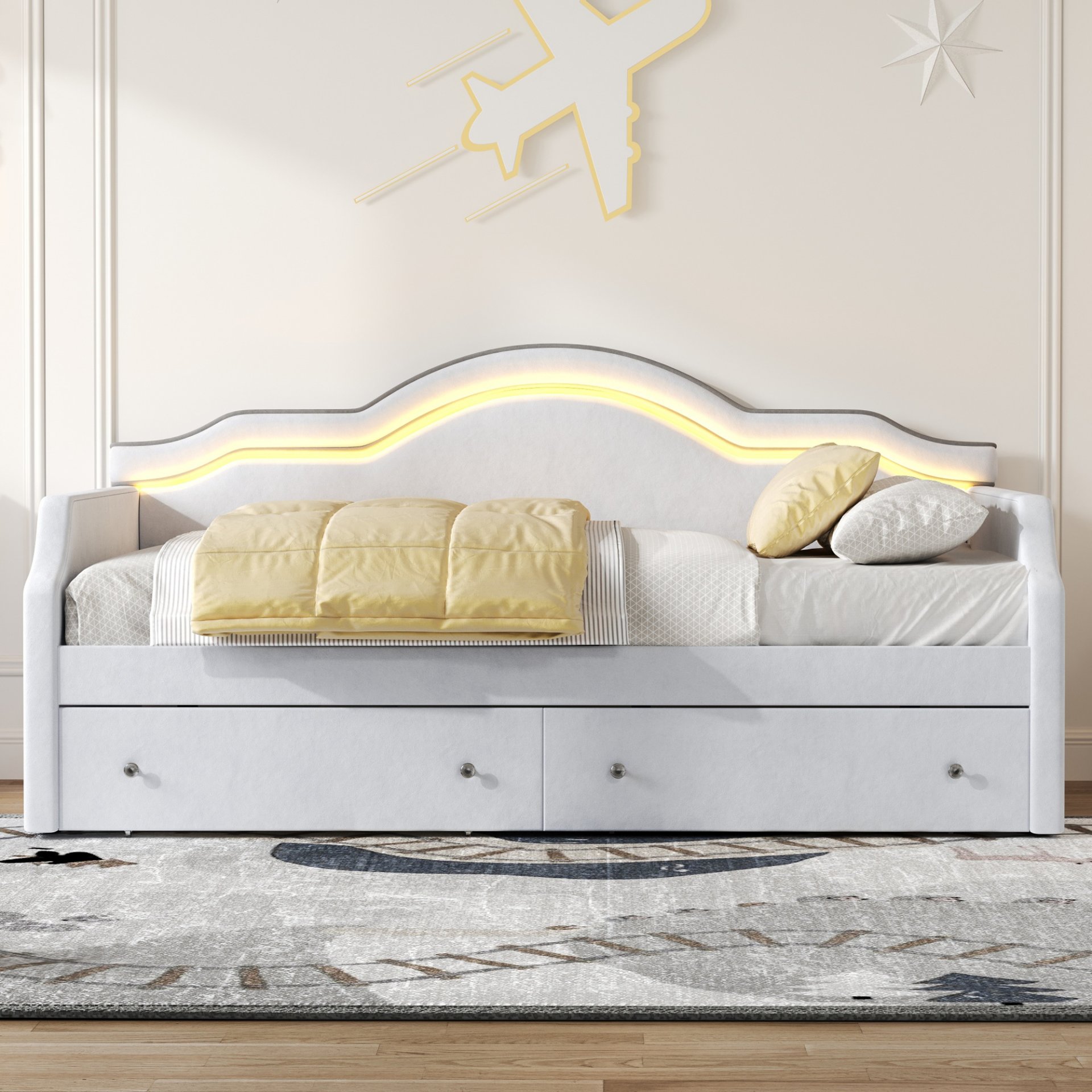 Full Size Upholstered Daybed With LED Lights And 2 Drawers - Beige - Image 5