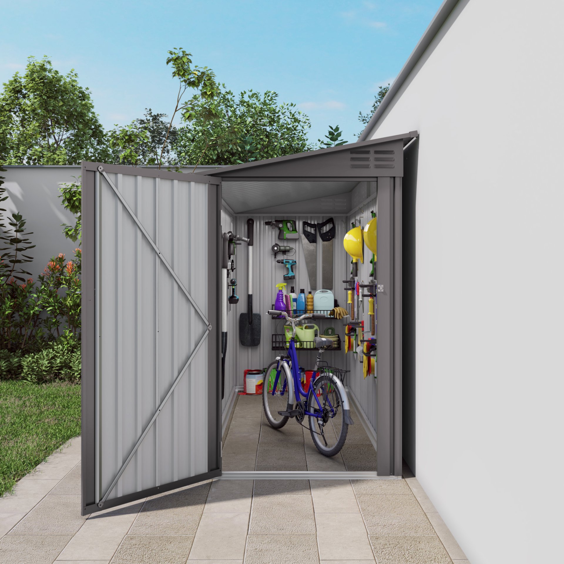 Metal Outdoor Storage Shed 4 X 9 Ft With Sloping Roof, Vents, And Side Door - Gray - Image 12