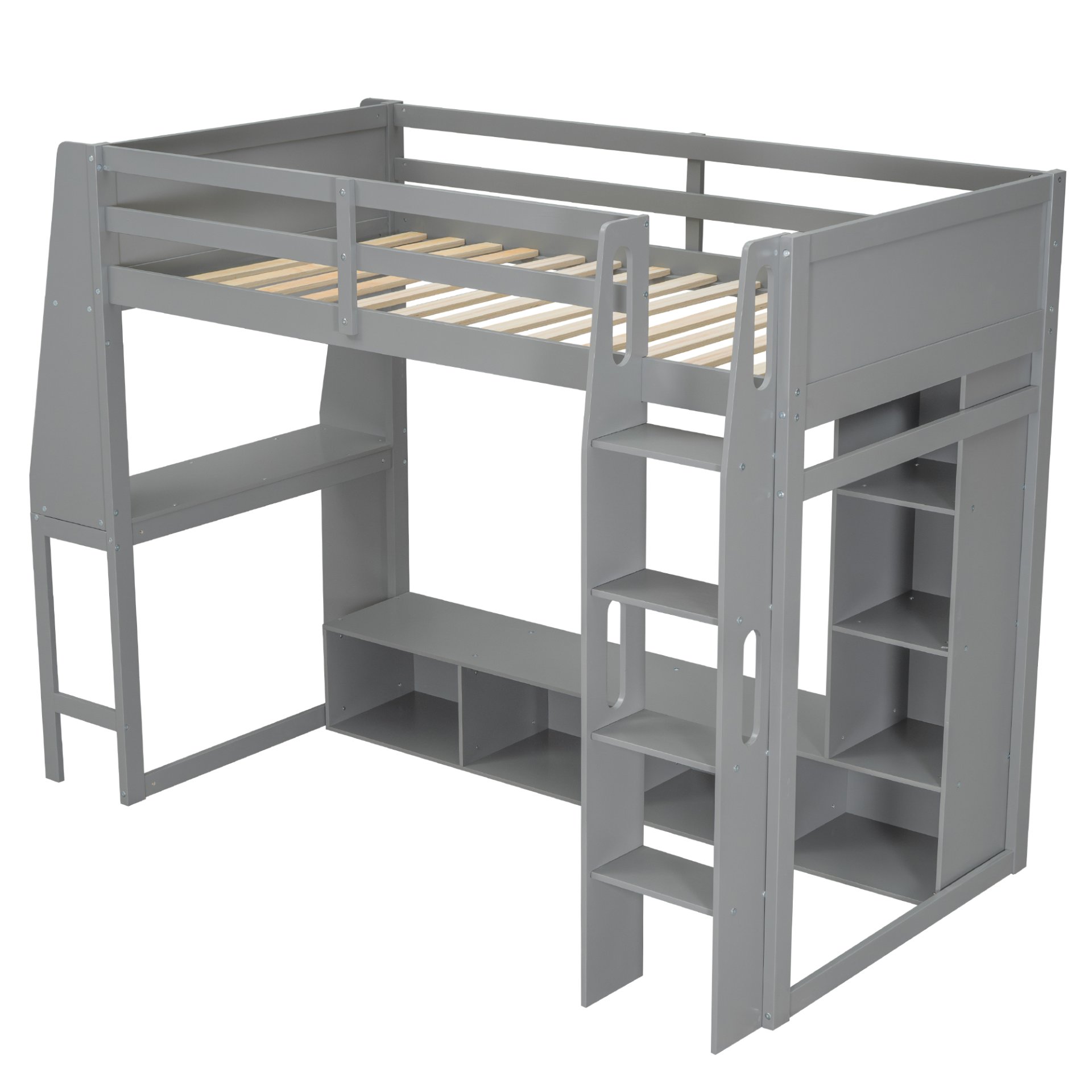 Twin Size Gaming Loft Bed With Desk, Multi Storage Shelves, LED Lighting, And Hanging Clothes Rack - Gray - Image 6