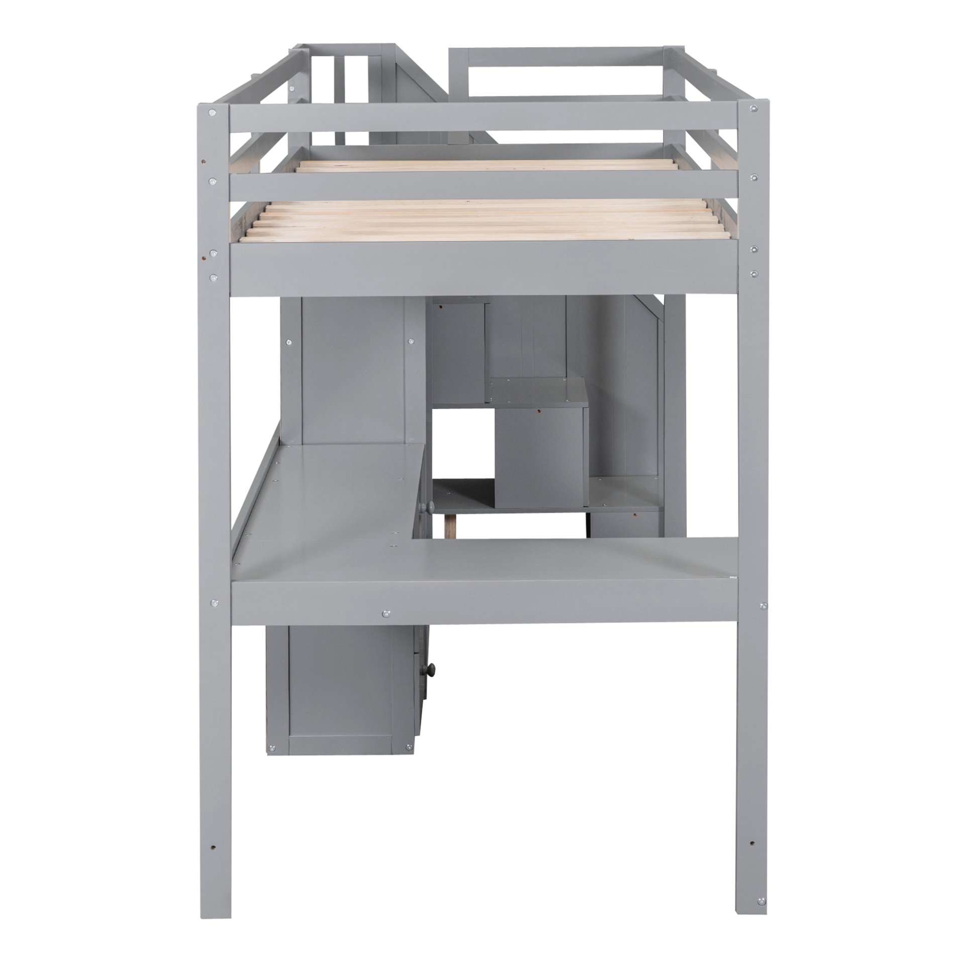 Twin Size Loft Bed With L-Shaped Desk, Drawers, Cabinet And Storage Staircase - Gray - Image 11