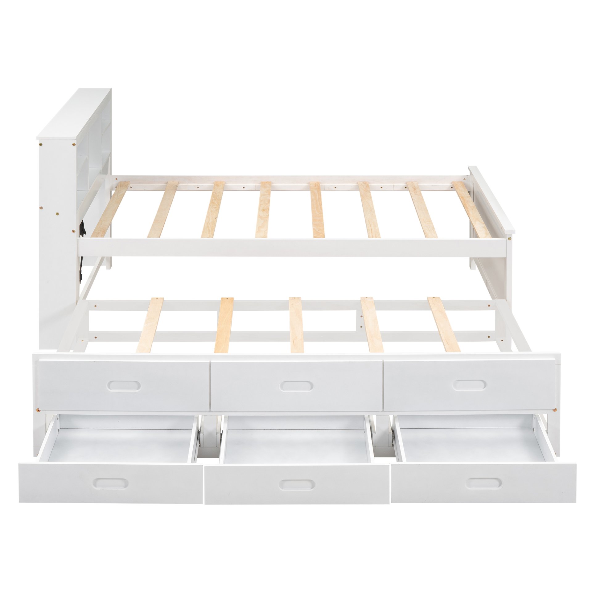 Twin Size Platform Bed With Storage Headboard, USB, Trundle And 3 Drawers - White - Image 18