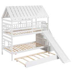 Twin Over Twin House Bunk Bed With Trundle, Storage Staircase, Roof And Window Design - White