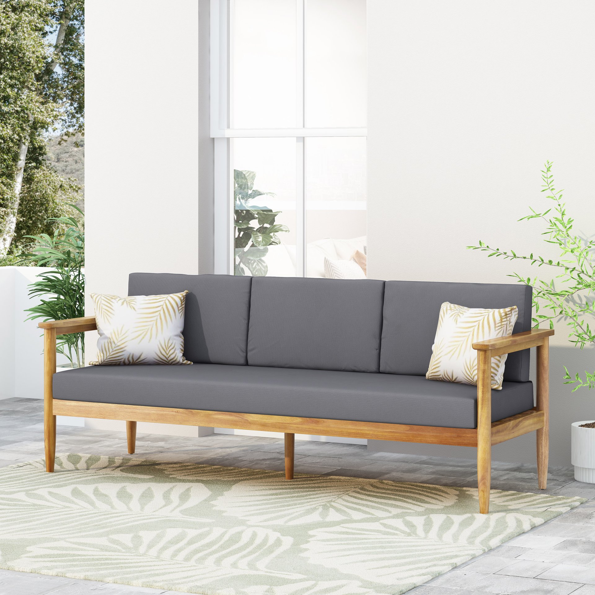 Outdoor 3 Seater Sofa With Cushion And Teak Acacia Wood - Dark Gray - Image 4