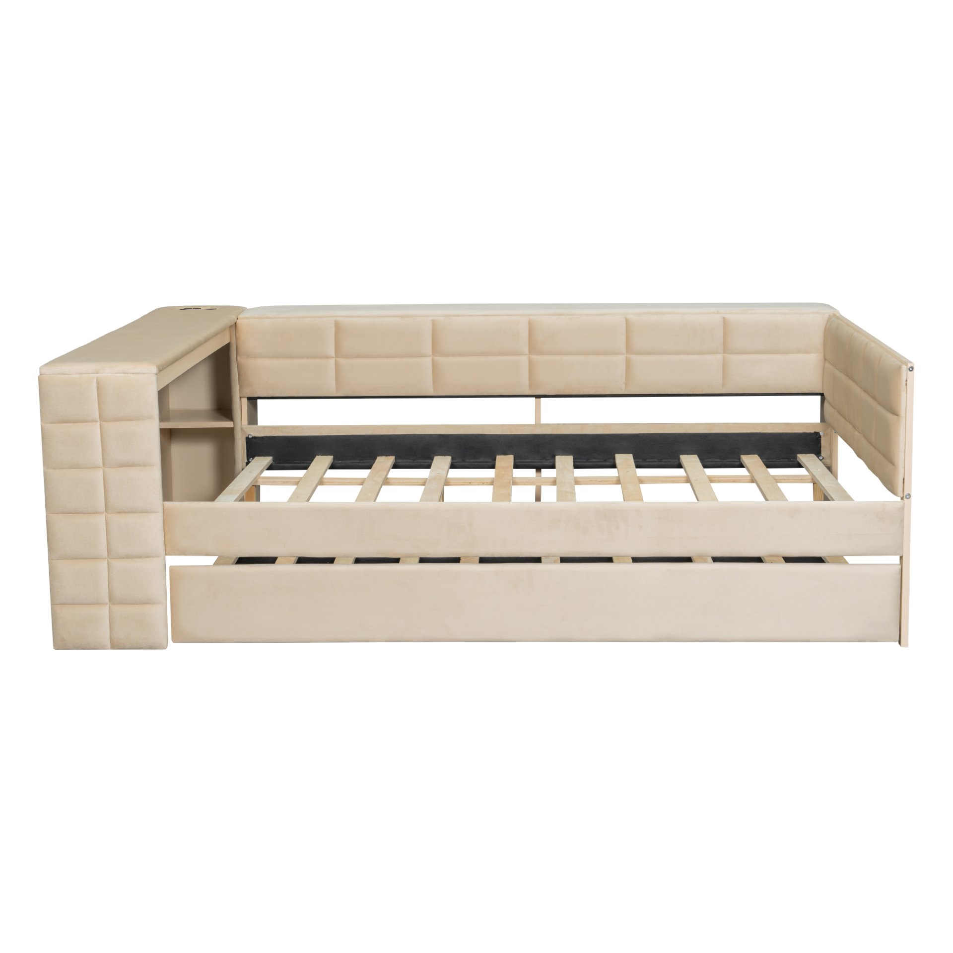 Upholstered Full Size Platform Bed With Storage Shelves, Desk, Charging Station And Trundle - Beige - Image 11