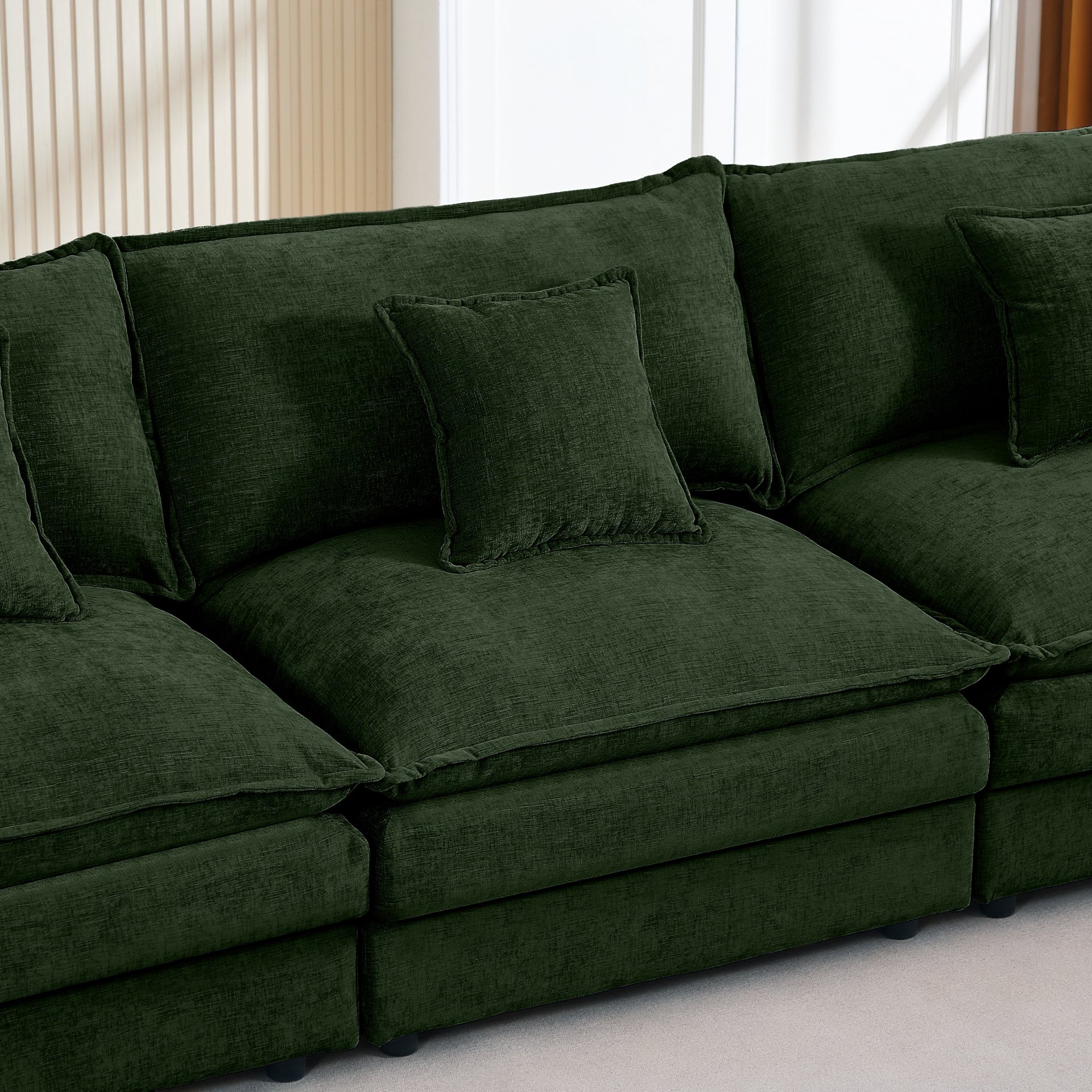 U-Shaped Sectional Sofa, 4 Seater Comfy Cloud Couch With Movable Ottoman - Green - Image 5