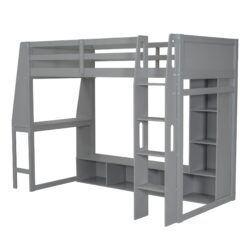 Twin Size Gaming Loft Bed With Desk, Multi Storage Shelves, LED Lighting, And Hanging Clothes Rack - Gray