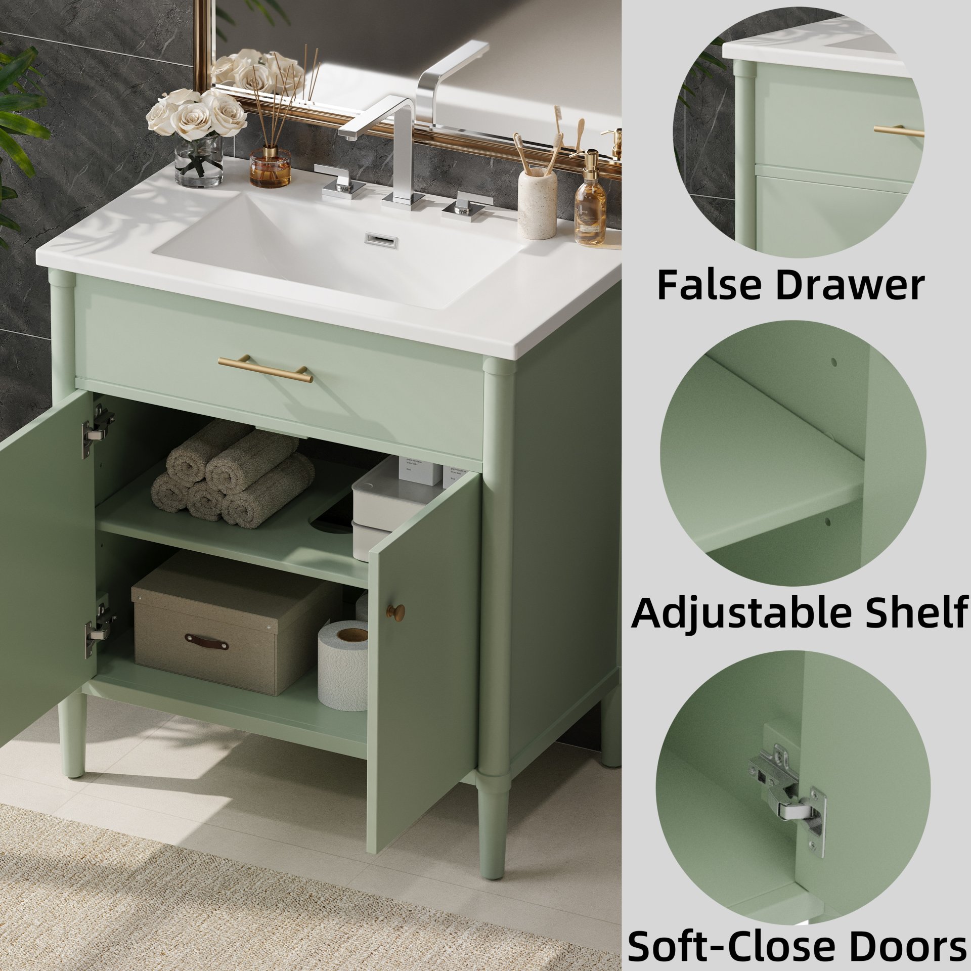 Bathroom Vanity With Sink, Soft Close Doors And Adjustable Shelf, Curved Profile Design - Green - Image 8