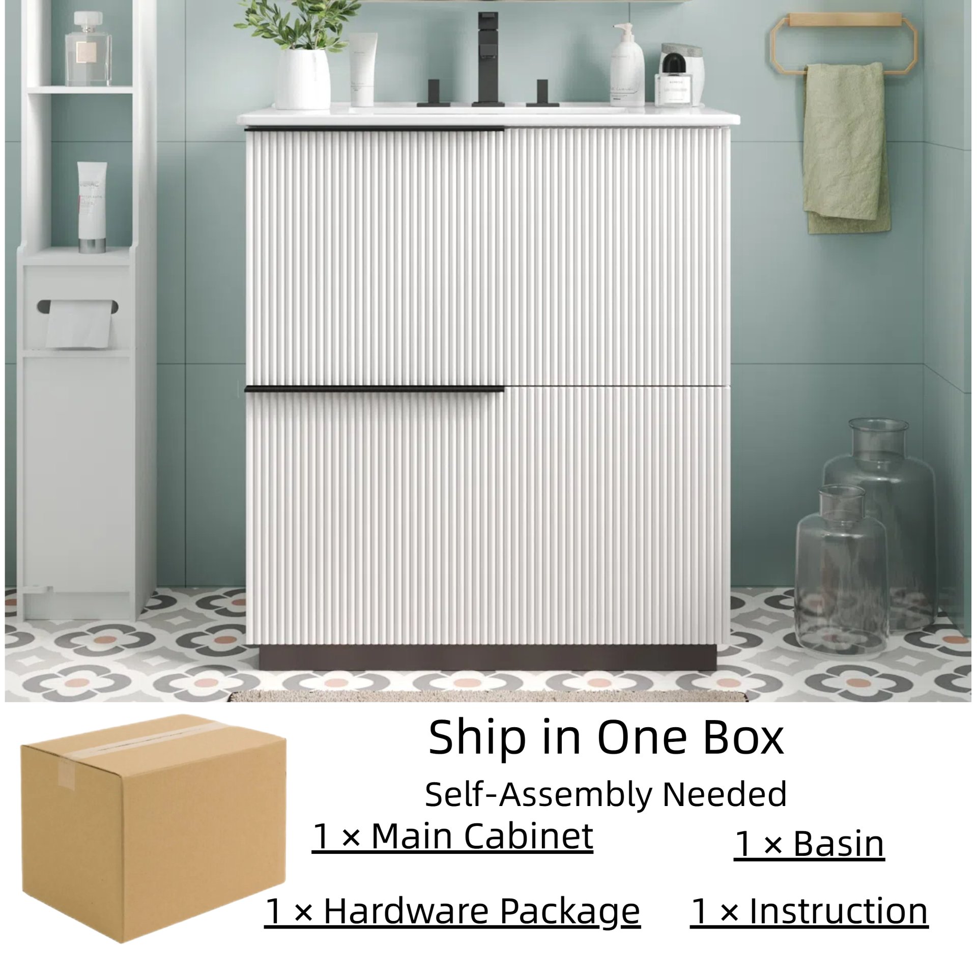 Fluted Bathroom Vanity With Sink, Full Extension Drawers, Soft Close Slides - White - Image 9