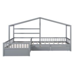 L-Shape Twin Platform Bed With 3 Storage Drawers - Gray