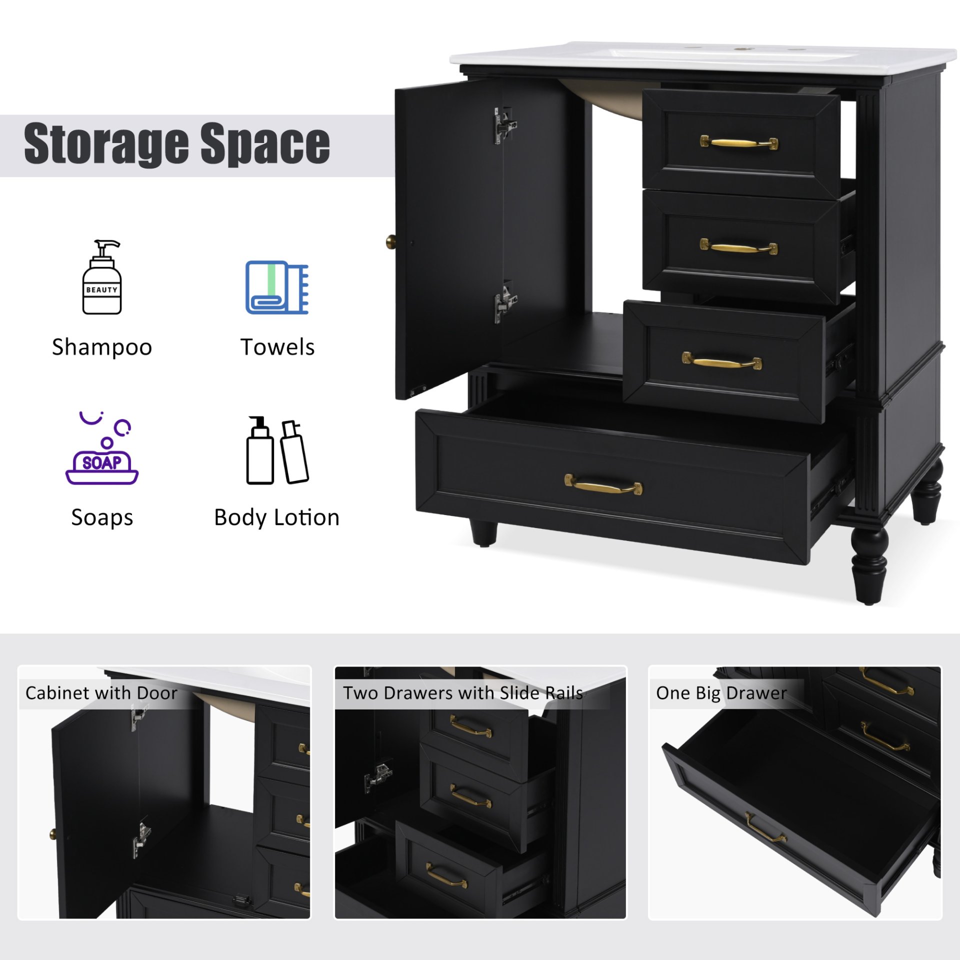30" Bathroom Vanity With Sink, Cabinet With Door & 3 Drawers - Black - Image 7