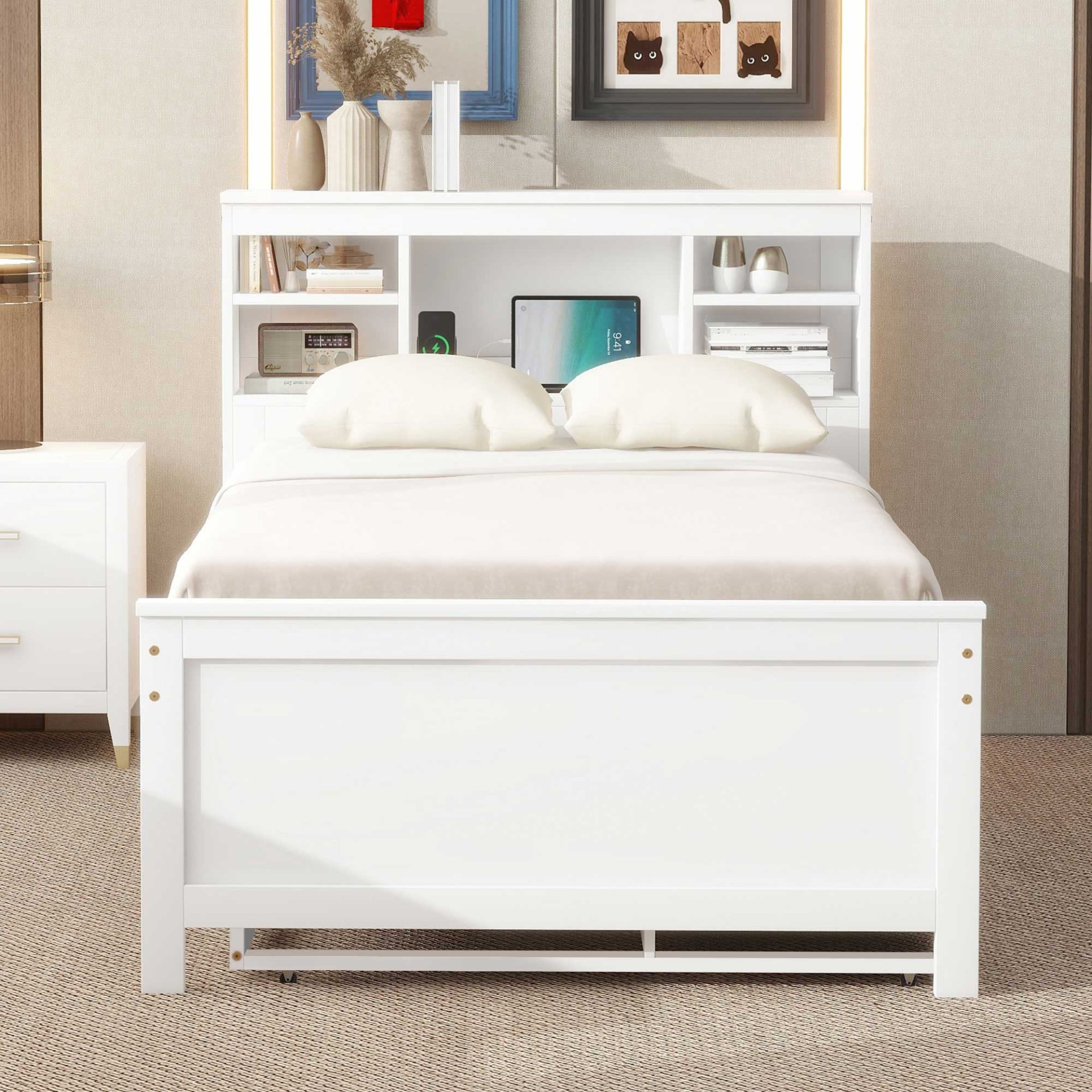 Twin Size Platform Bed With Storage Headboard, USB, Trundle And 3 Drawers - White - Image 5